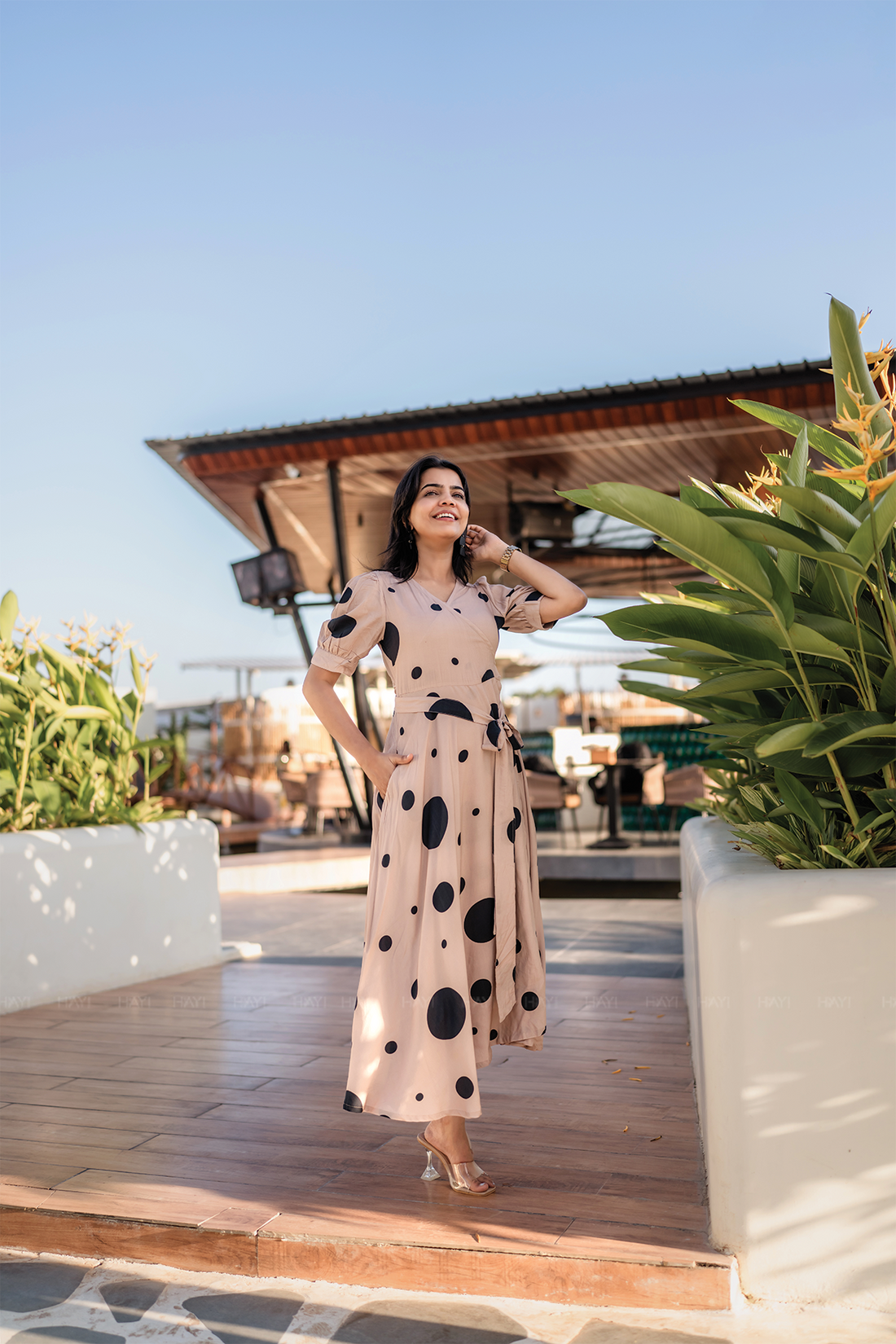 Desert Bubble Beige Viscose Wrap Dress with V-Neckline & Light Puff Sleeves