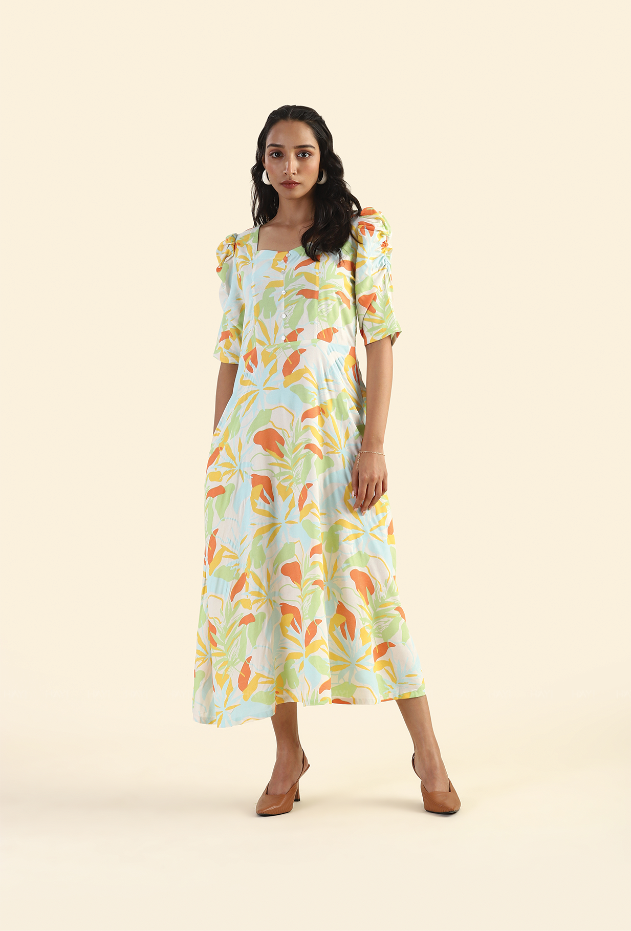 Pine Beige Evergreen elegance Printed Viscose Dress