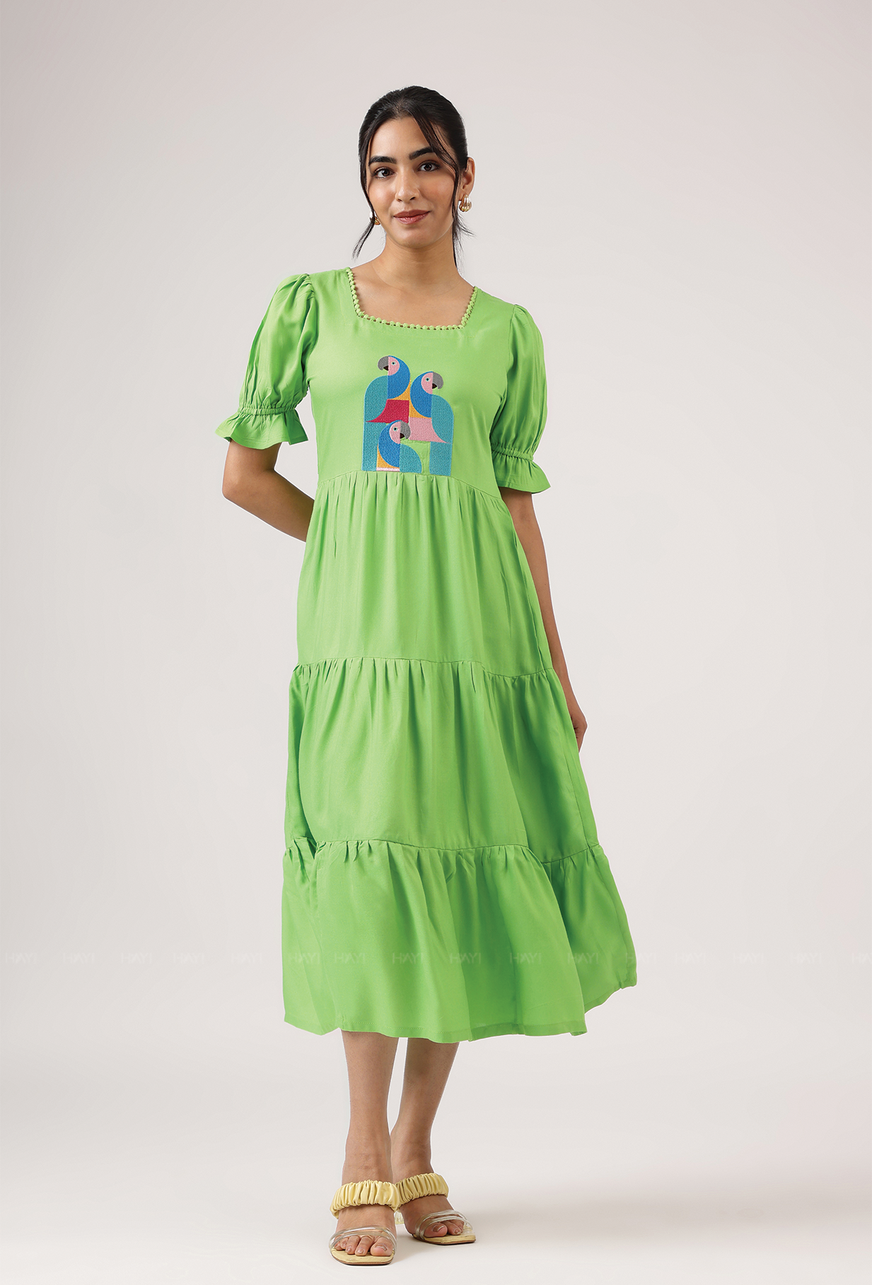 Hushed Green with Cubist Parrot embroidery Viscose Dress