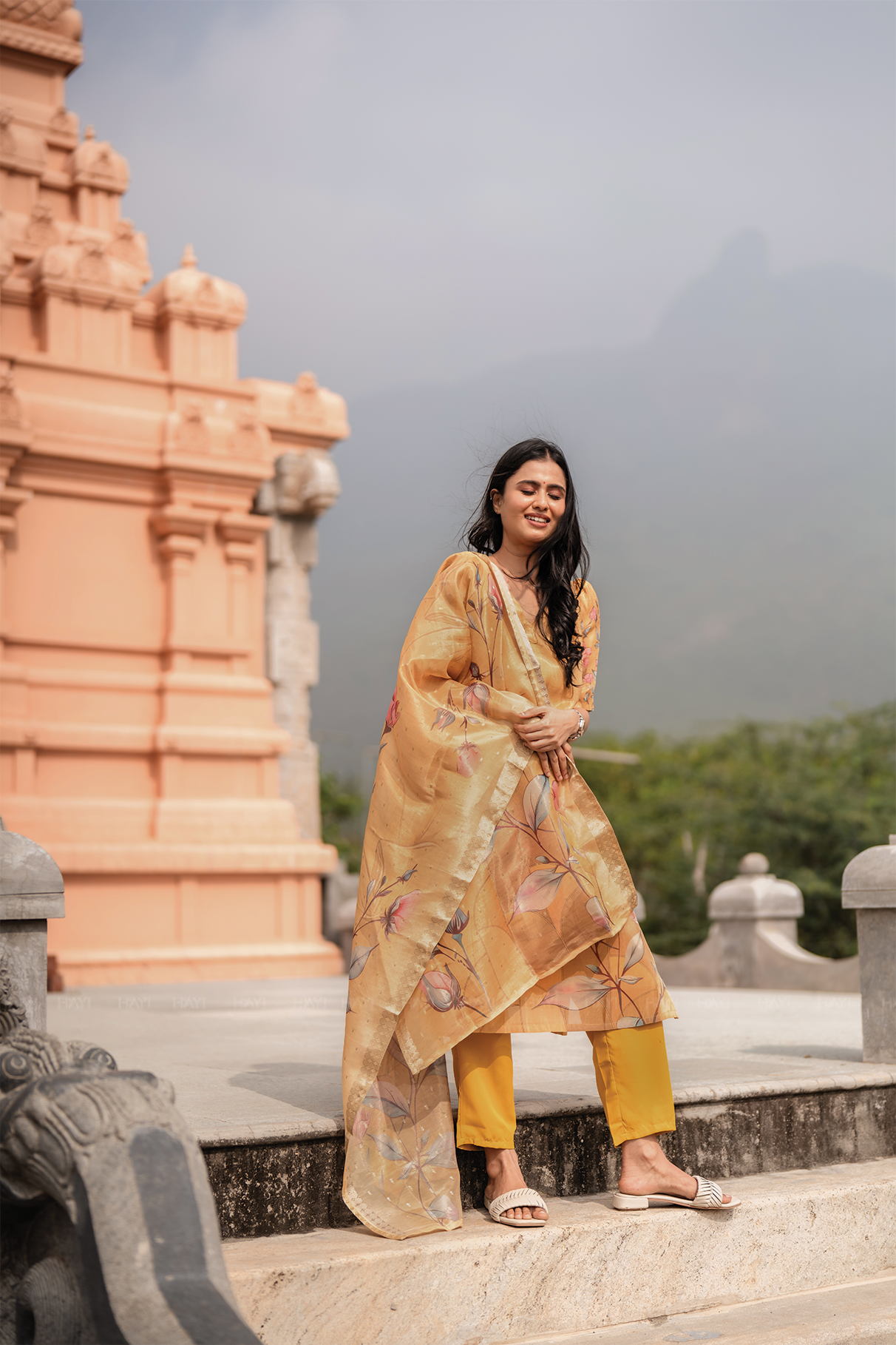 Floral Silkshine Yellow 3 Piece Shimmer Tissue Blend Floral Placement Printed Kurta with Pant & Dupatta