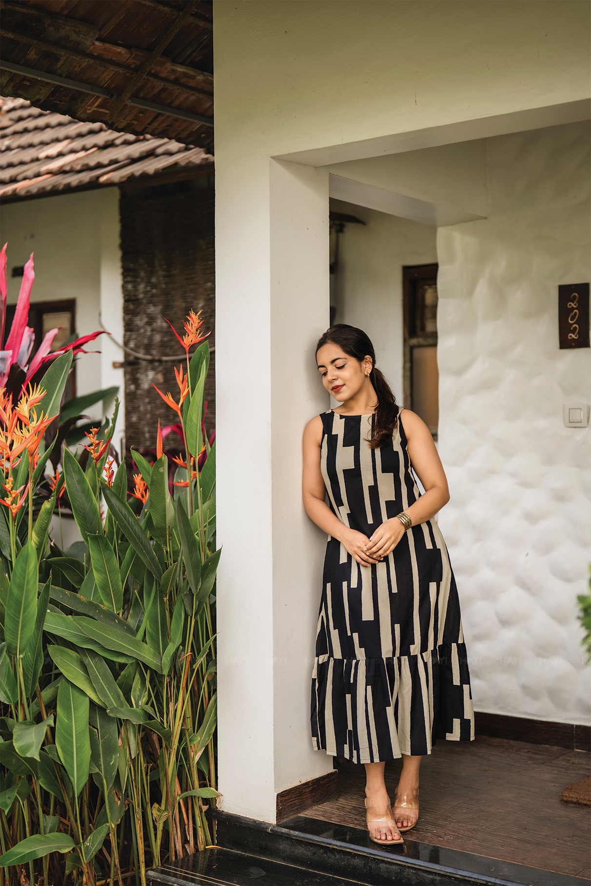 Elegance Chic Black Viscose A-line Dress with Boat Neck & Attached 3/4th Sleeves