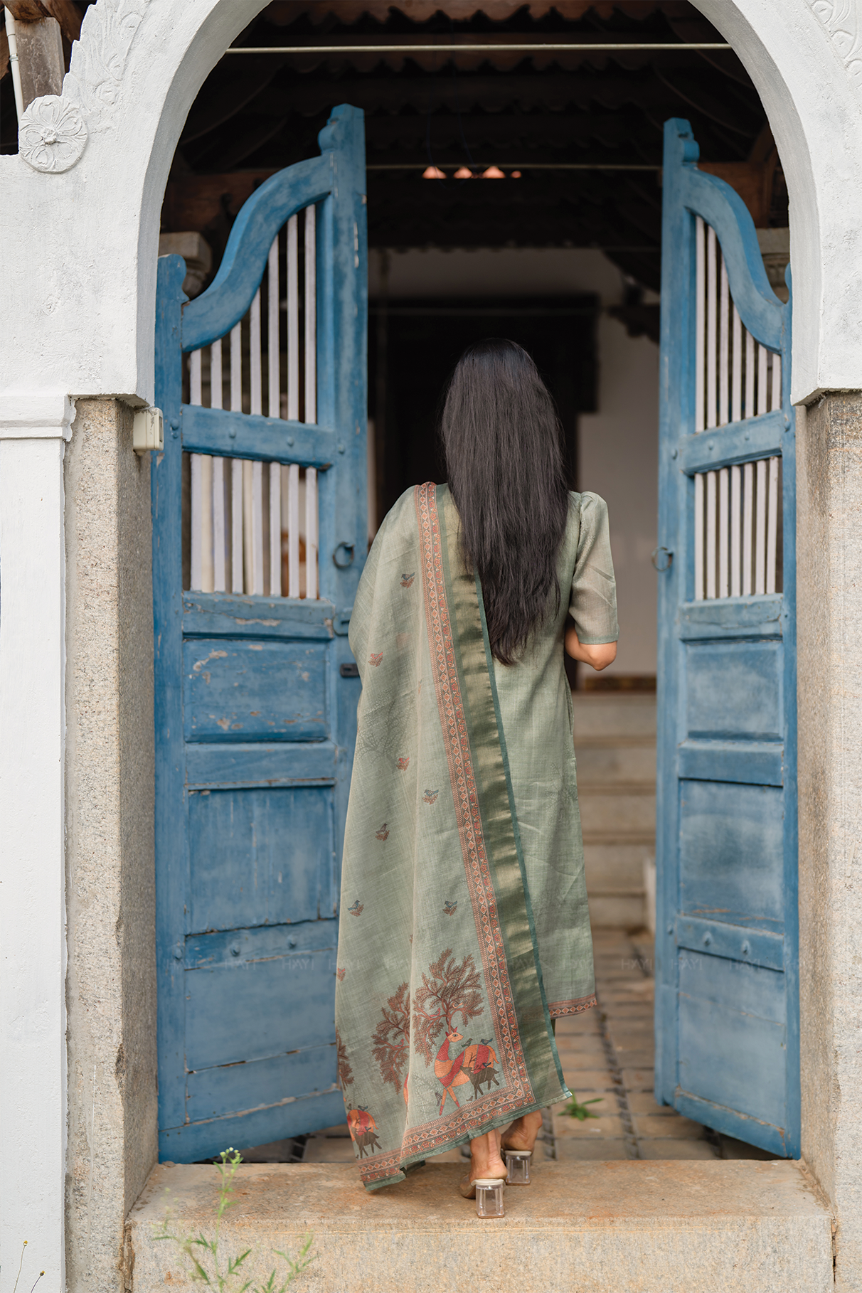 Mirga Green 3 Piece Linen Blend Printed Kurta with Pant & Dupatta