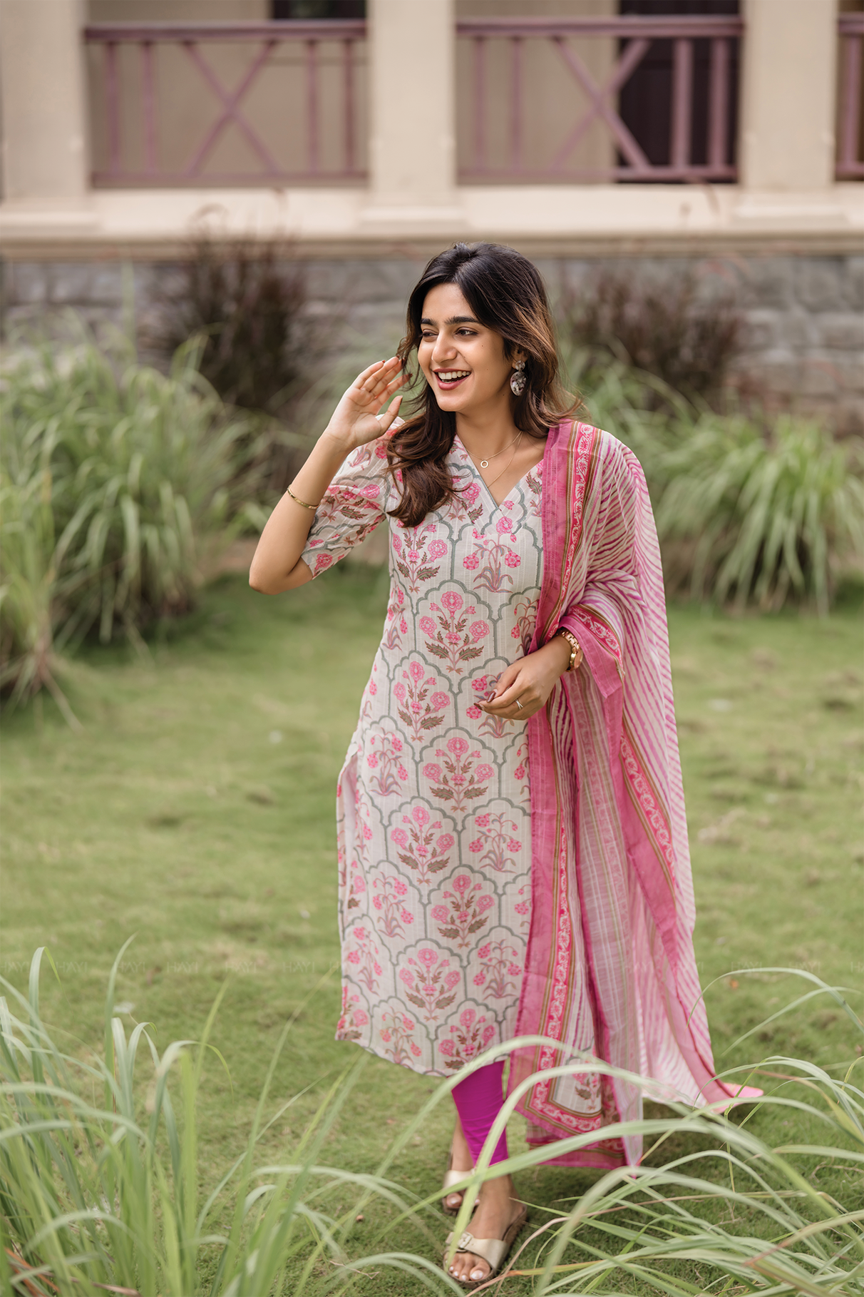 Bloomveil Half-White printed 2 Piece Linen Blend Kurta with Dupatta