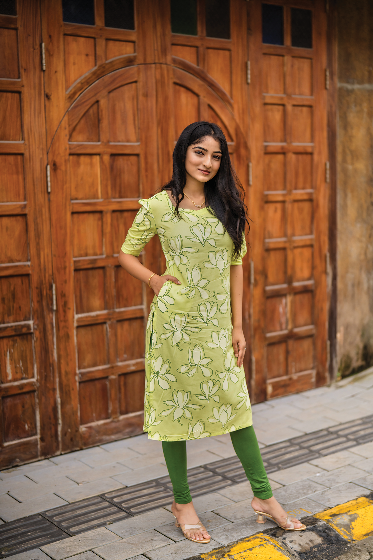 Green Blossom Chic with floral printed Viscose Kurta