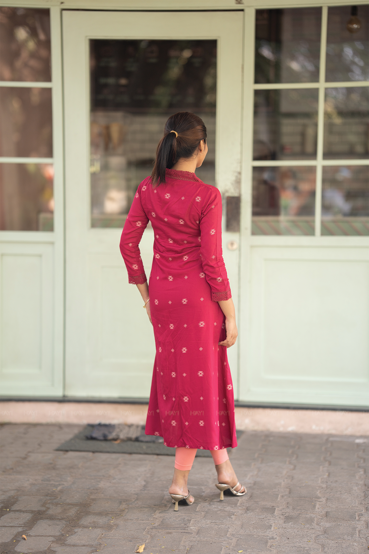 Wine Loom Majenta Viscose A-Line Kurta with V-Neck Lace & 3/4 Sleeves