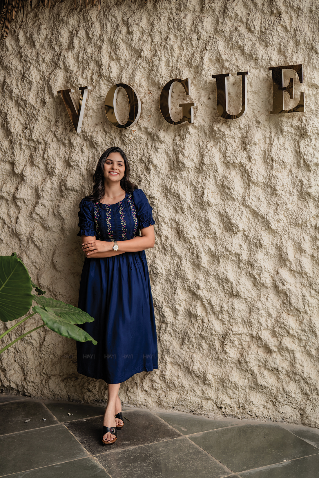 Rosevine Whisper Navy Embroidered Viscose Dress with Boat Neck & Elbow-Length Puff Sleeves