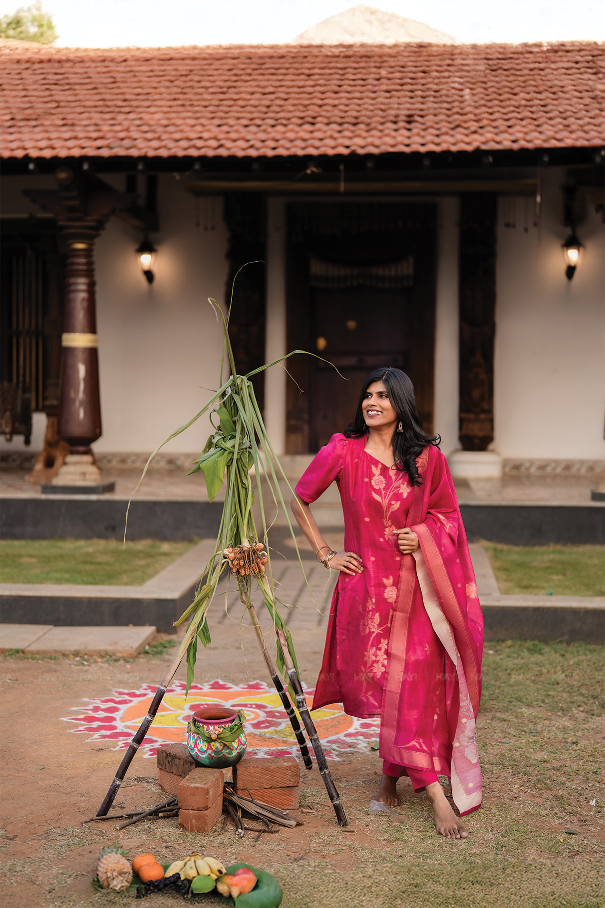 Rosewood Reddish Pink 3 Piece Jacquard Silk Blend Floral Placement Printed Kurta with Pant & Dupatta