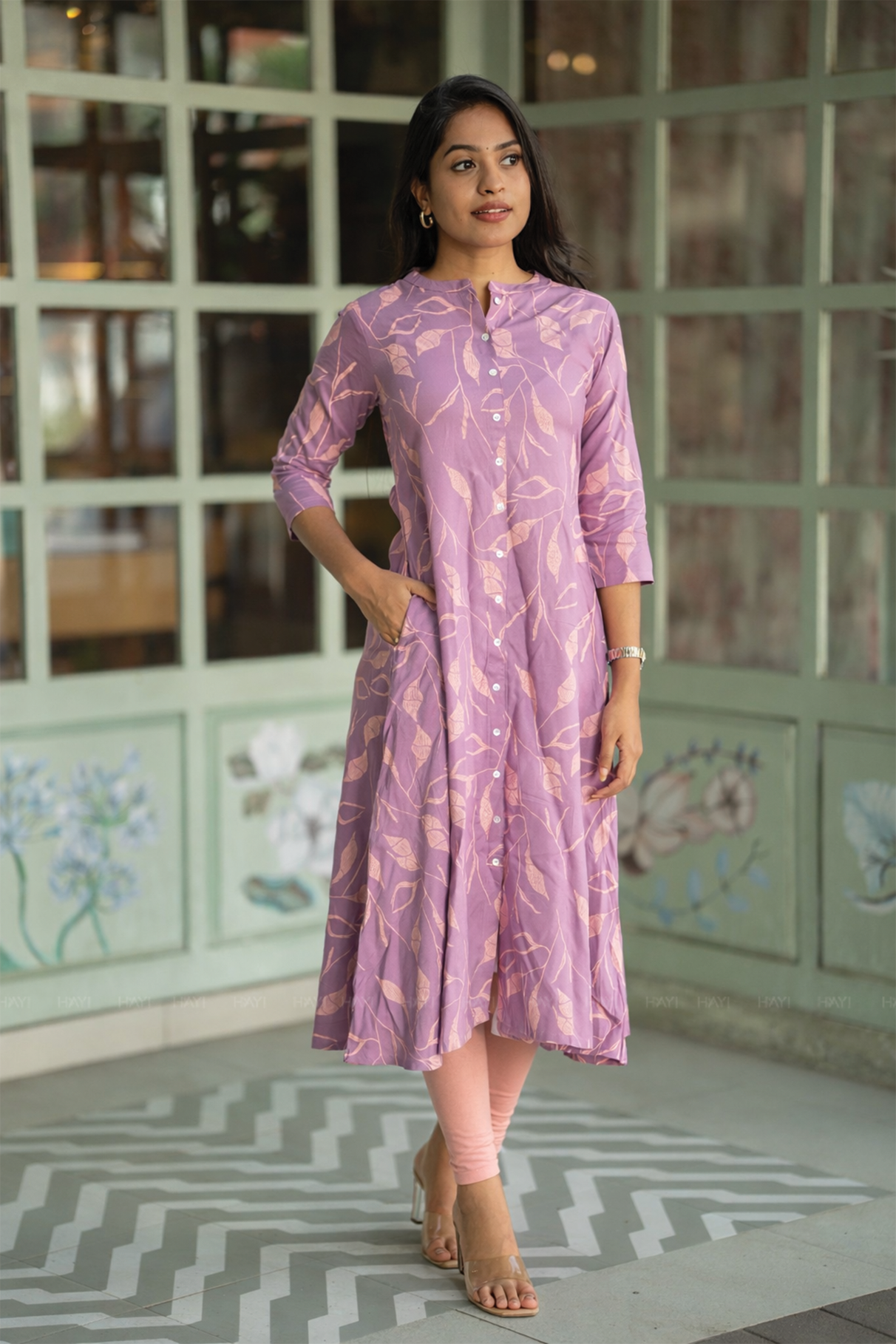 Rustic Fern Pink Viscose A-Line Kurta with Chinese Collar & 3/4th Sleeves