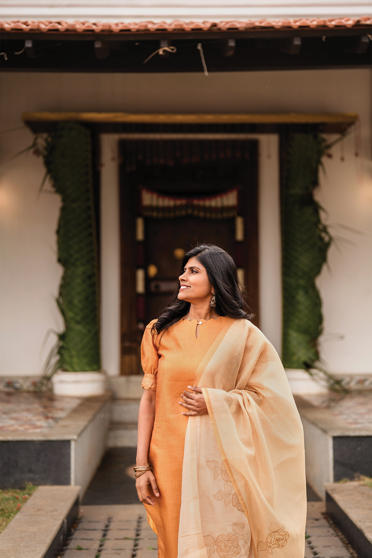 Aurel Yellow 3 Piece Tussar Silk Blend Printed Kurta with Pant & Dupatta