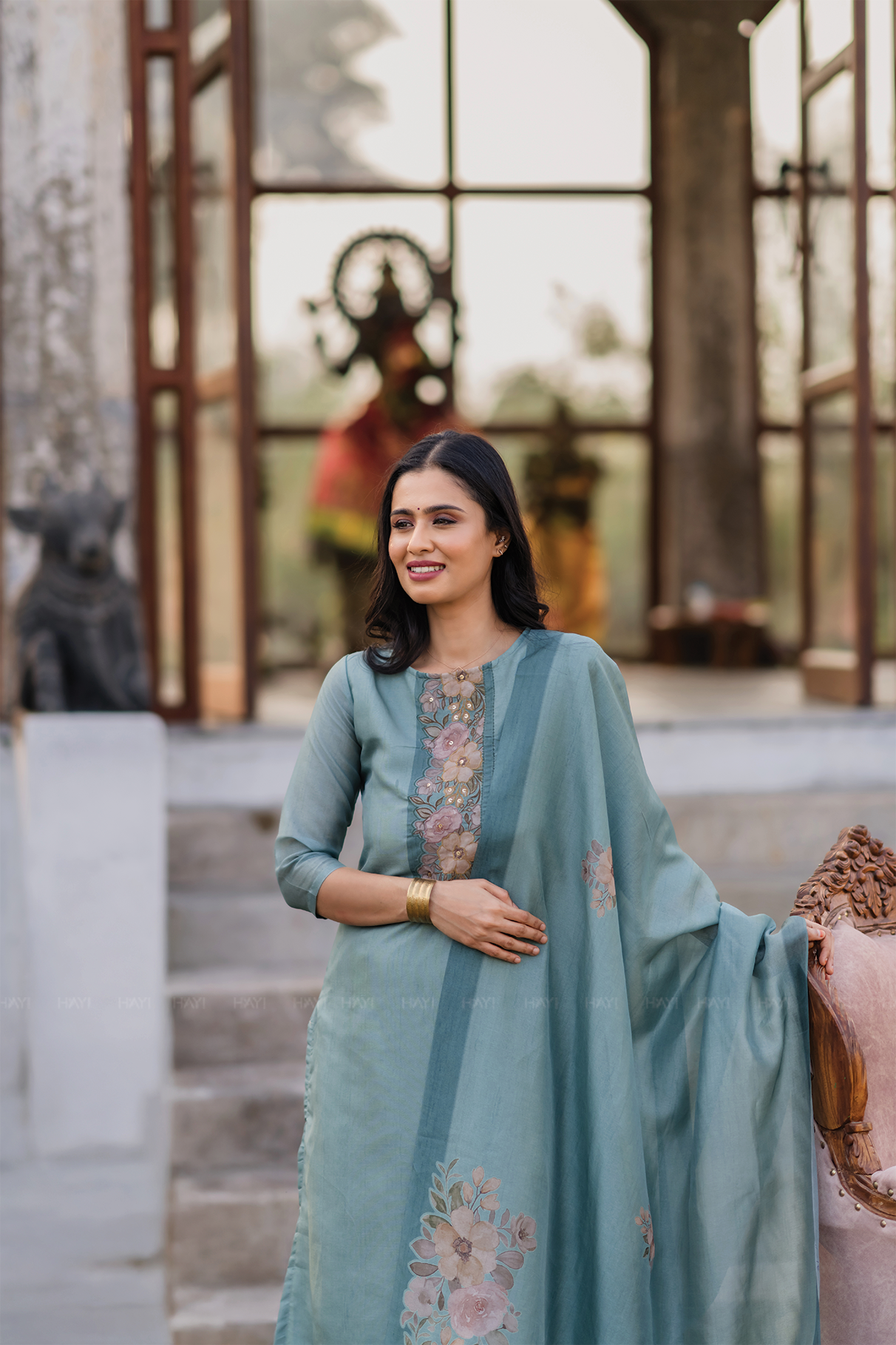 Rustic Charm Green 3 Piece Shimmer Tissue Blend Embroidered & Printed Kurta with Pant & Dupatta