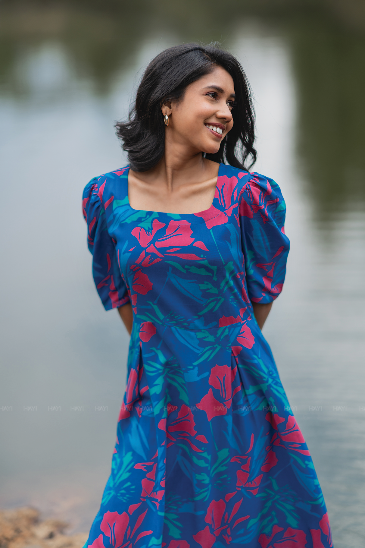 Fantasy Delight Blue Viscose with Square Neck & Leg-o-Mutton Sleeves