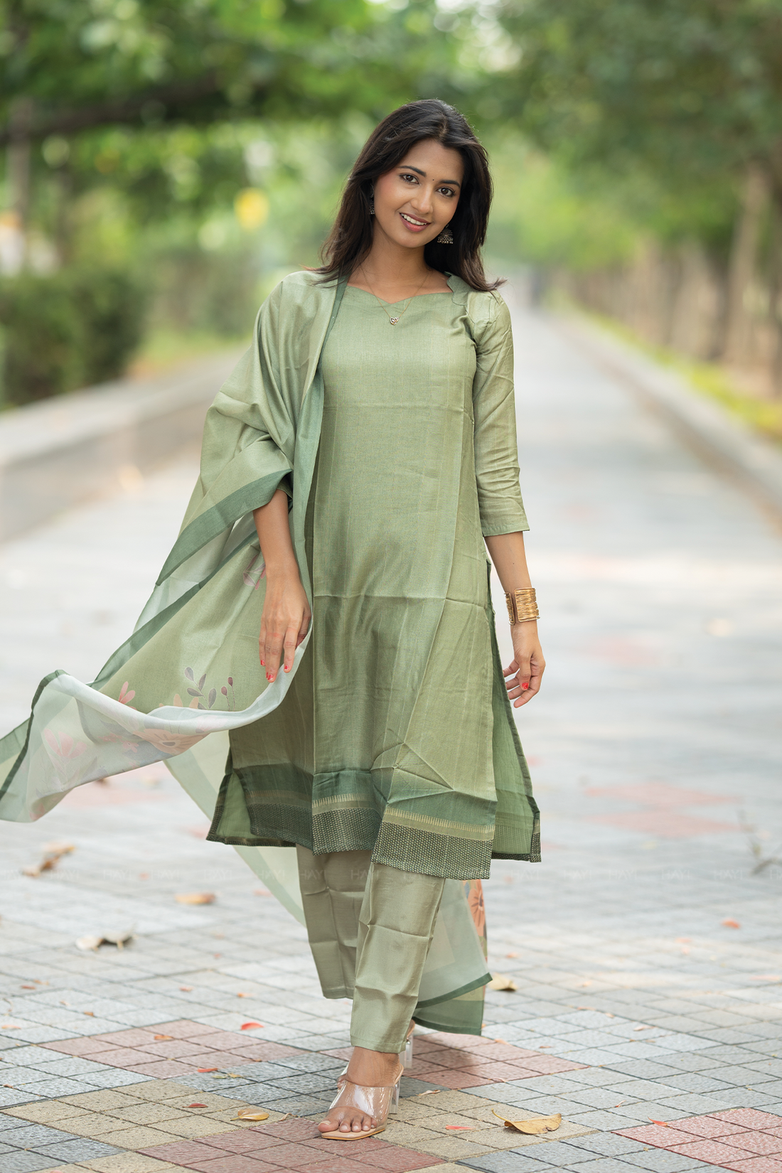 Matcha Bloom 3 Piece Tussar Silk Printed Kurta Set with Dupatta