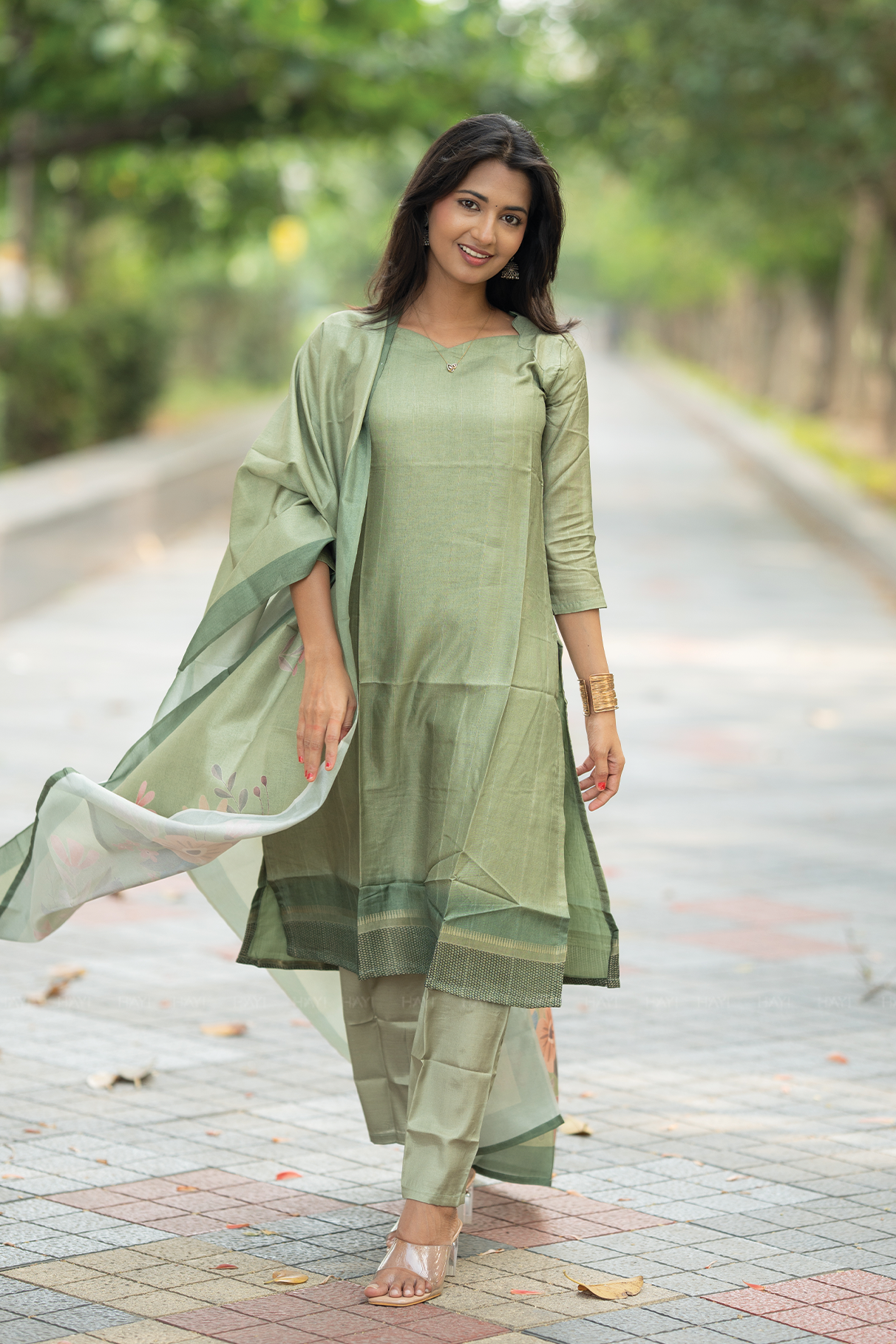 Matcha Bloom 3 Piece Tussar Silk Printed Kurta Set with Dupatta