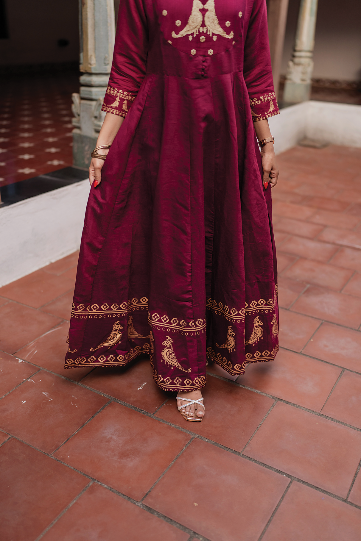 Birdveil Plum Viscose Placement Print Embroidered Anarkali with Round Neck & 3/4th Sleeves