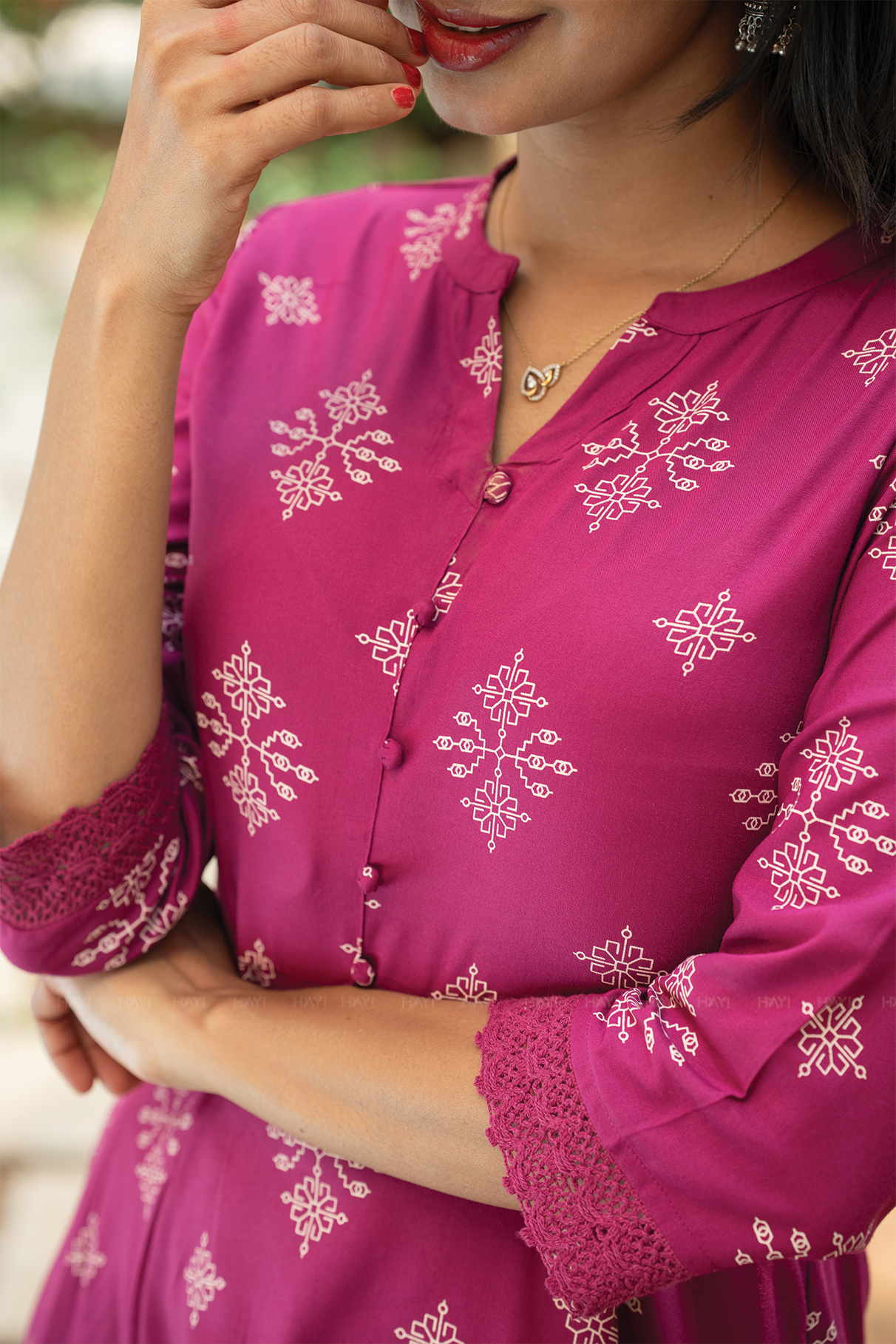 Celeste Violetta Violet Viscose Dress with Chinese Collar Neck & 3/4 Sleeves