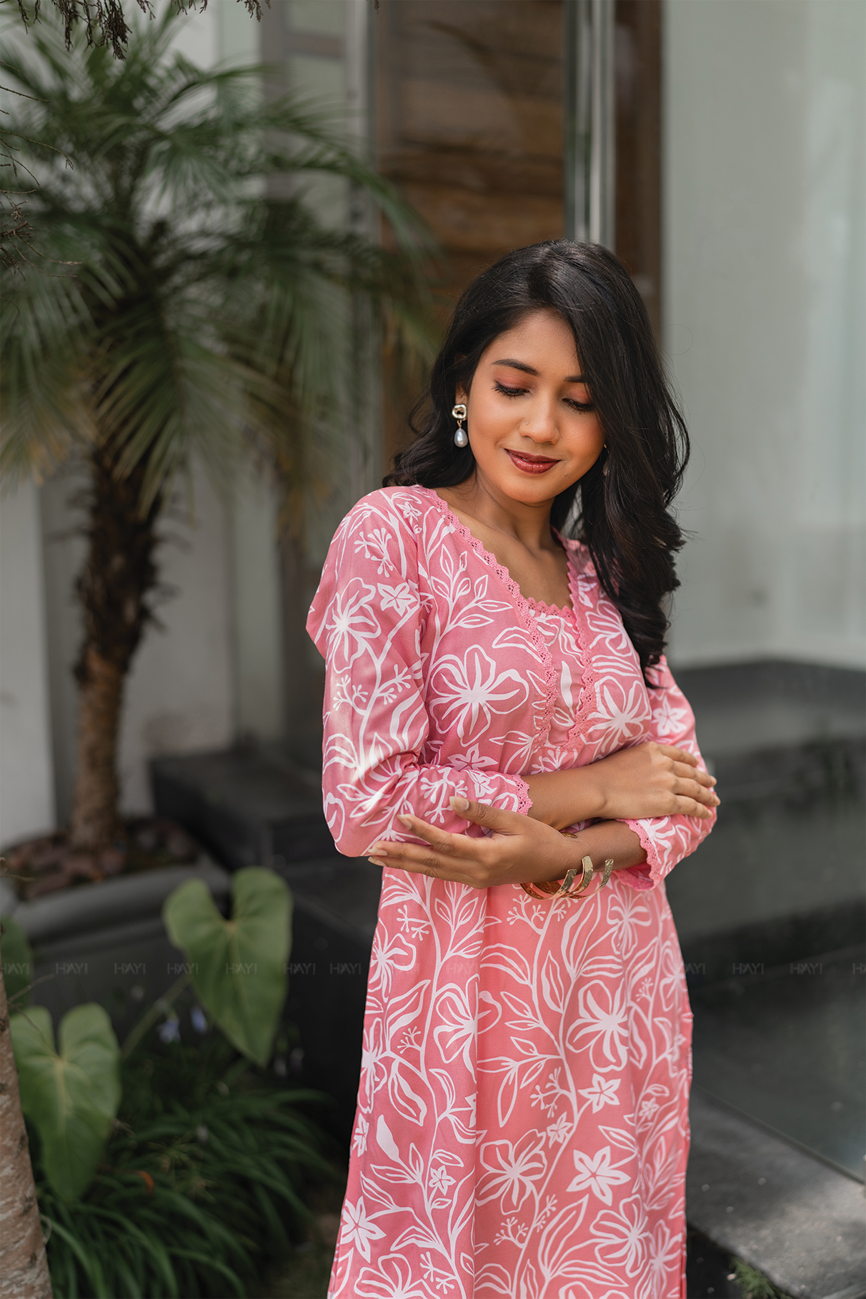 Mireya Roseline Pink Viscose Kurta with V-Neck & 3/4 Sleeves