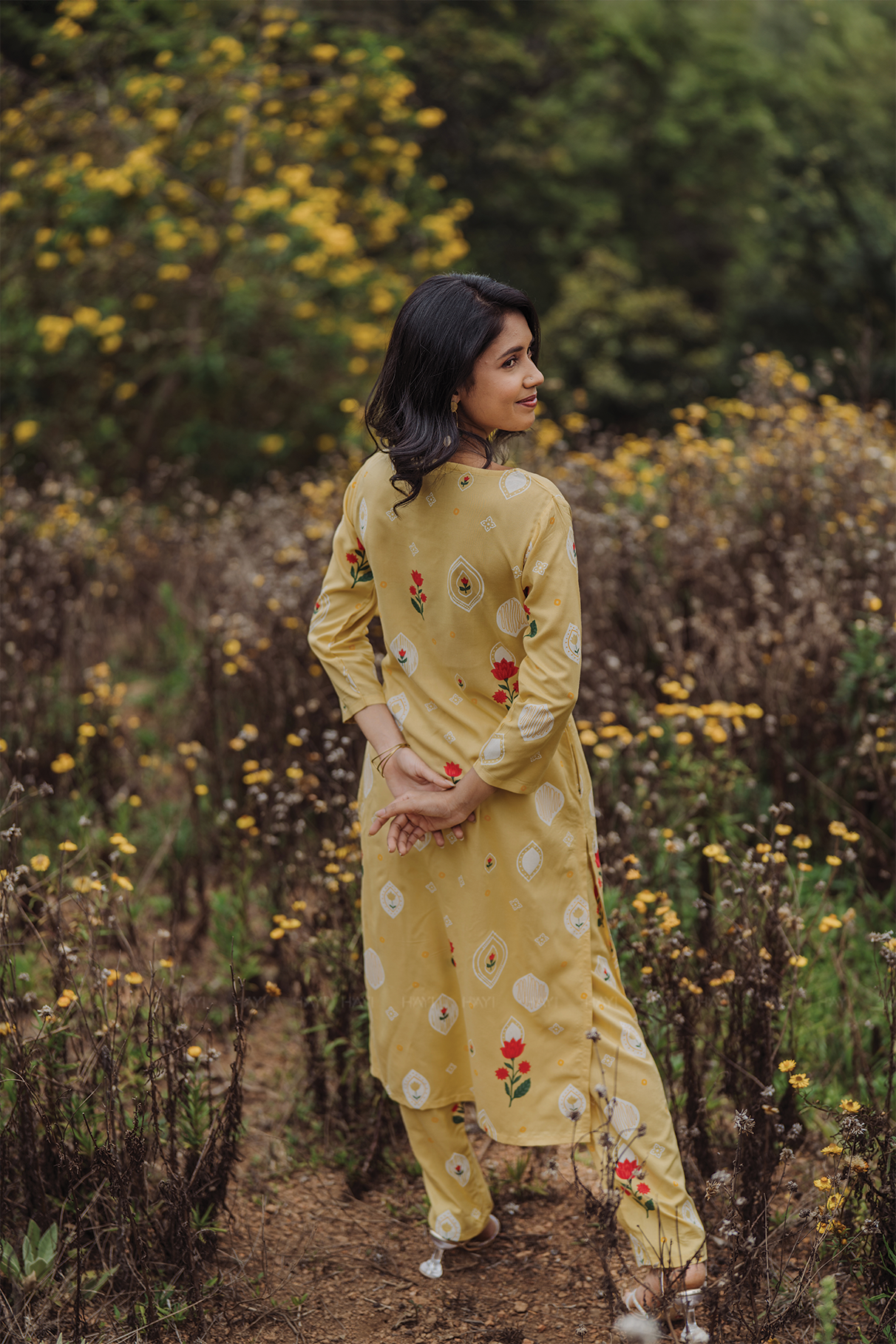 Lumea Bloom Yellow Viscose Co-ord with Boat Neck & 3/4th Sleeves