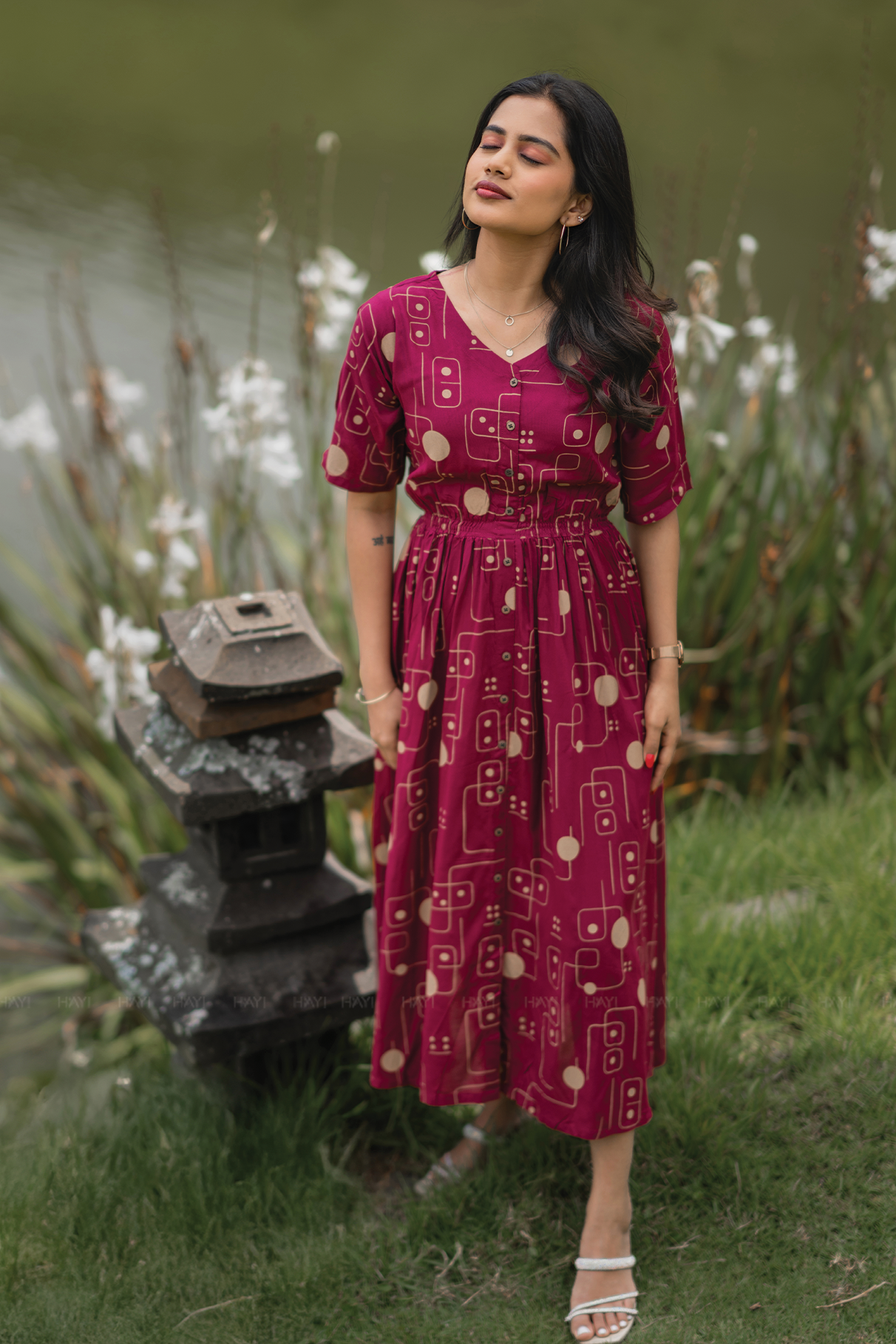 MatrixElegance Maroon Viscose with V-Neck & Flared Elbow Sleeves