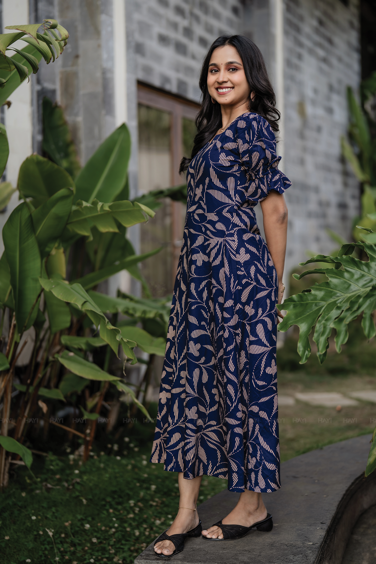 Navy Flowstroke Viscose Printed Aura dress