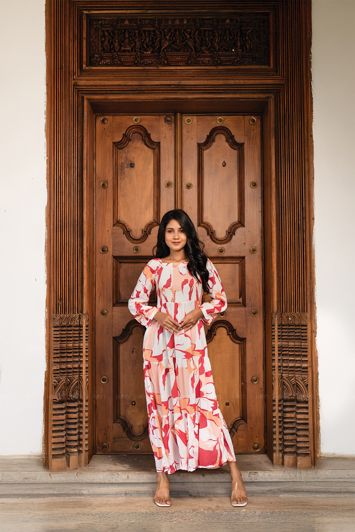 Sweet Sunset Beige Viscose Dress with Square Neckline & 3/4 Sleeves with Gathered Cuffs