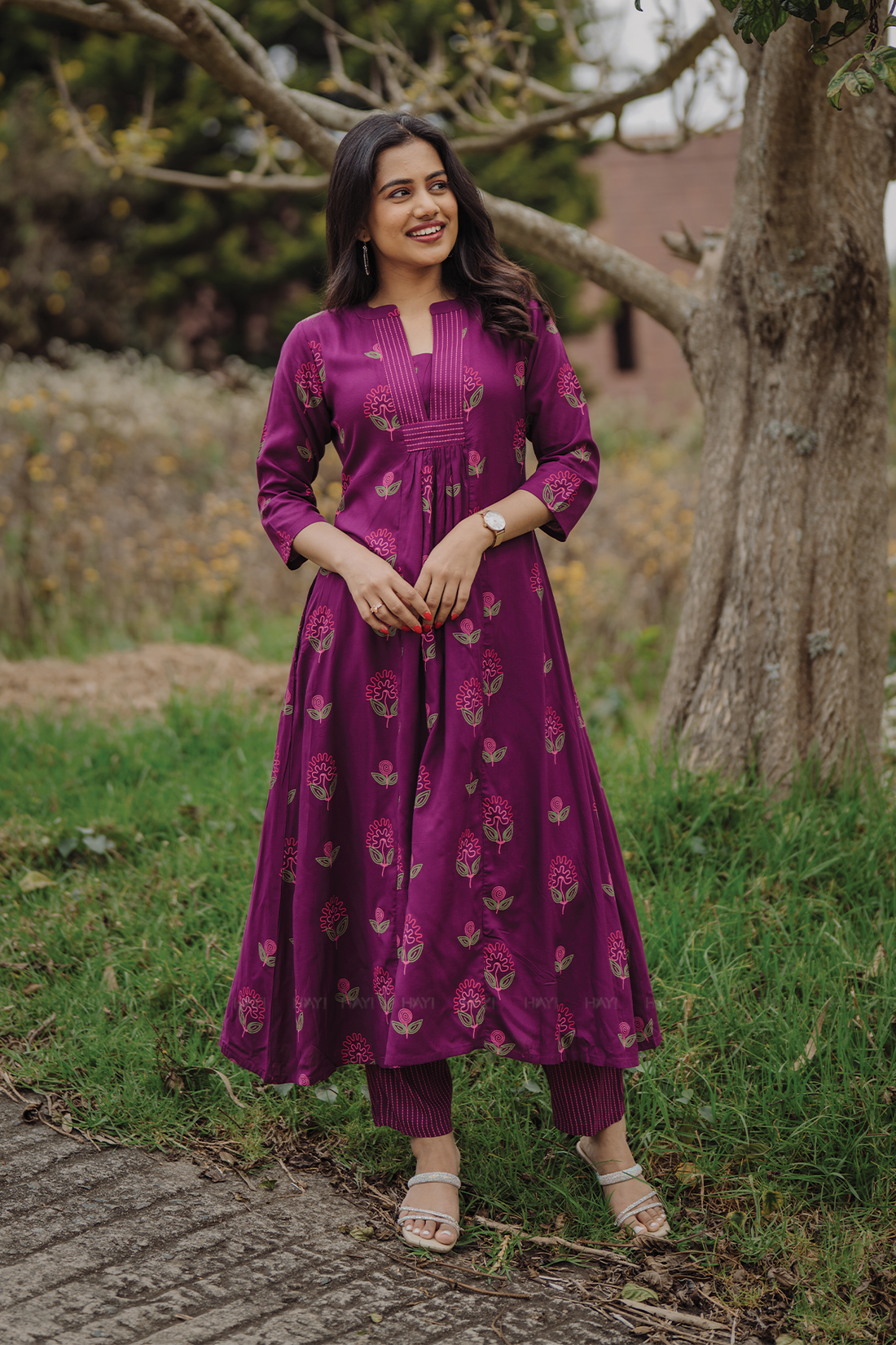 Twilight Flower Violet Viscose Co-ord with Chinese Collar & 3/4th Sleeves
