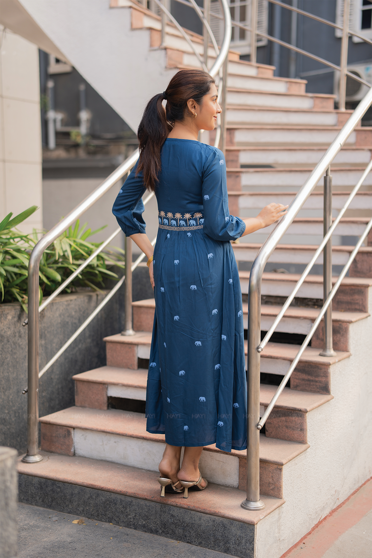 Tusker Tale Greyish Blue Viscose Dress with Round Square Neckline & 3/4th Sleeves