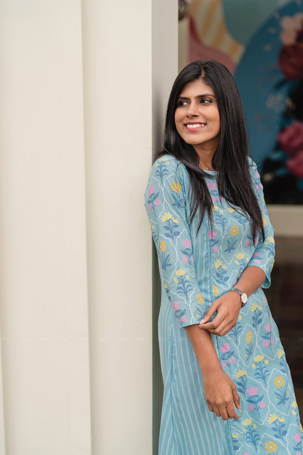 Bloomscape Blue Viscose Co-ord with Boat Neck & 3/4th Sleeves