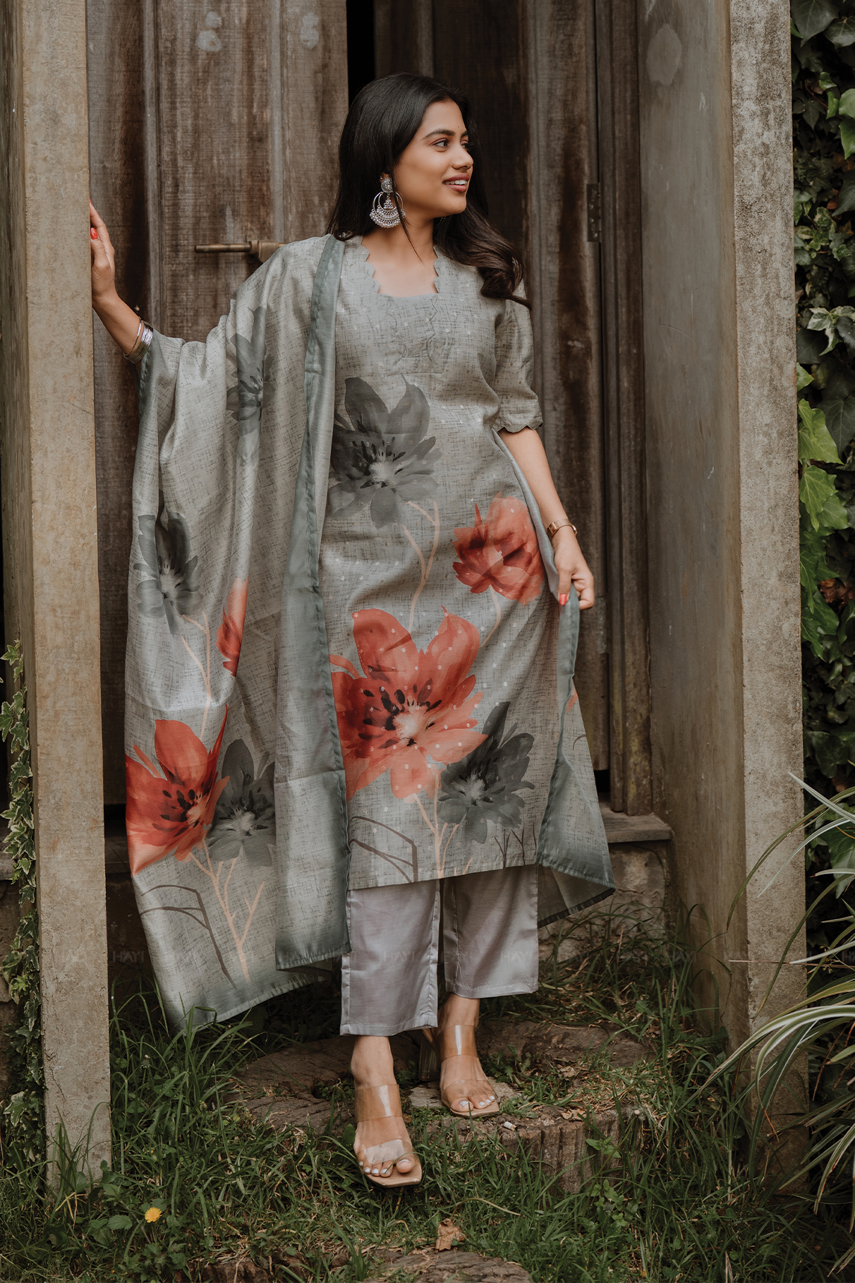 Vanessa Grey Tussar Silk Printed Kurta Set with Dupatta