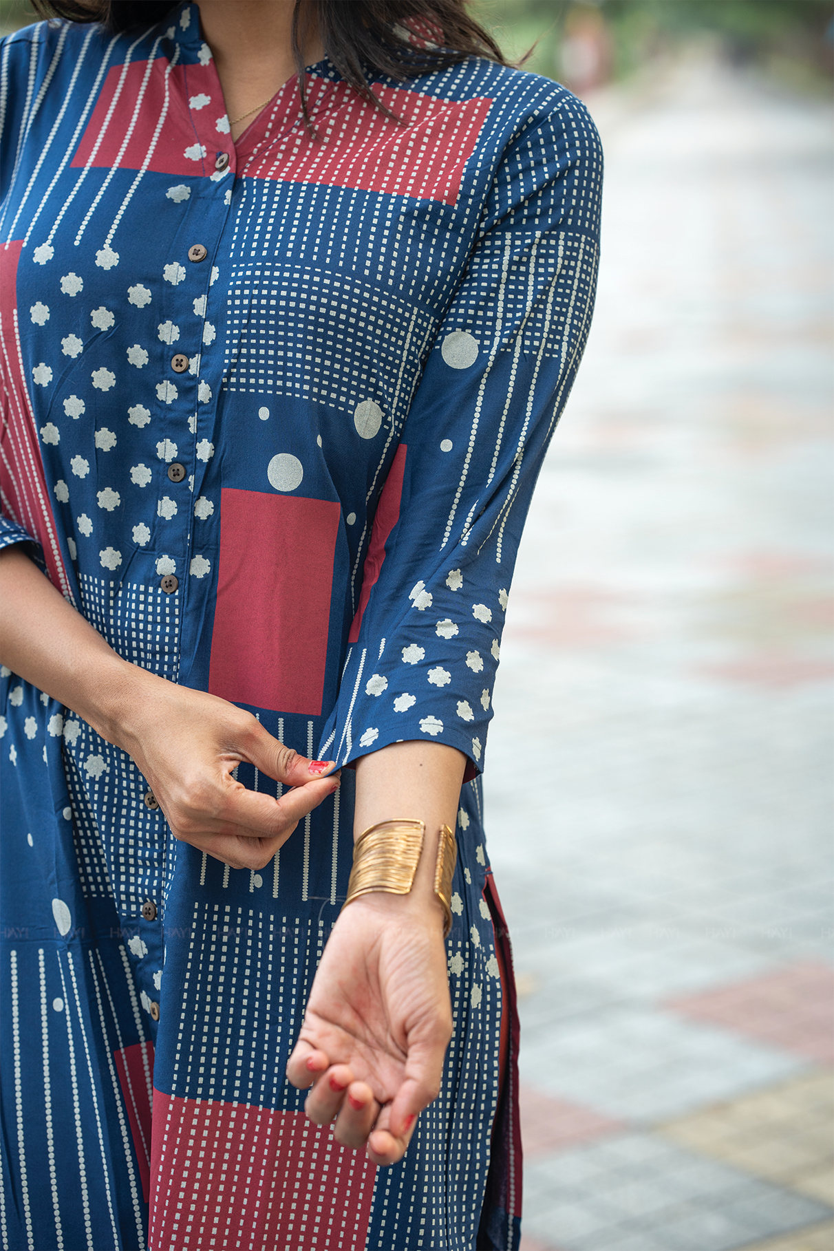 Mystical Navy Blue Viscose Kurta with Chinese Collar & 3/4 Sleeves