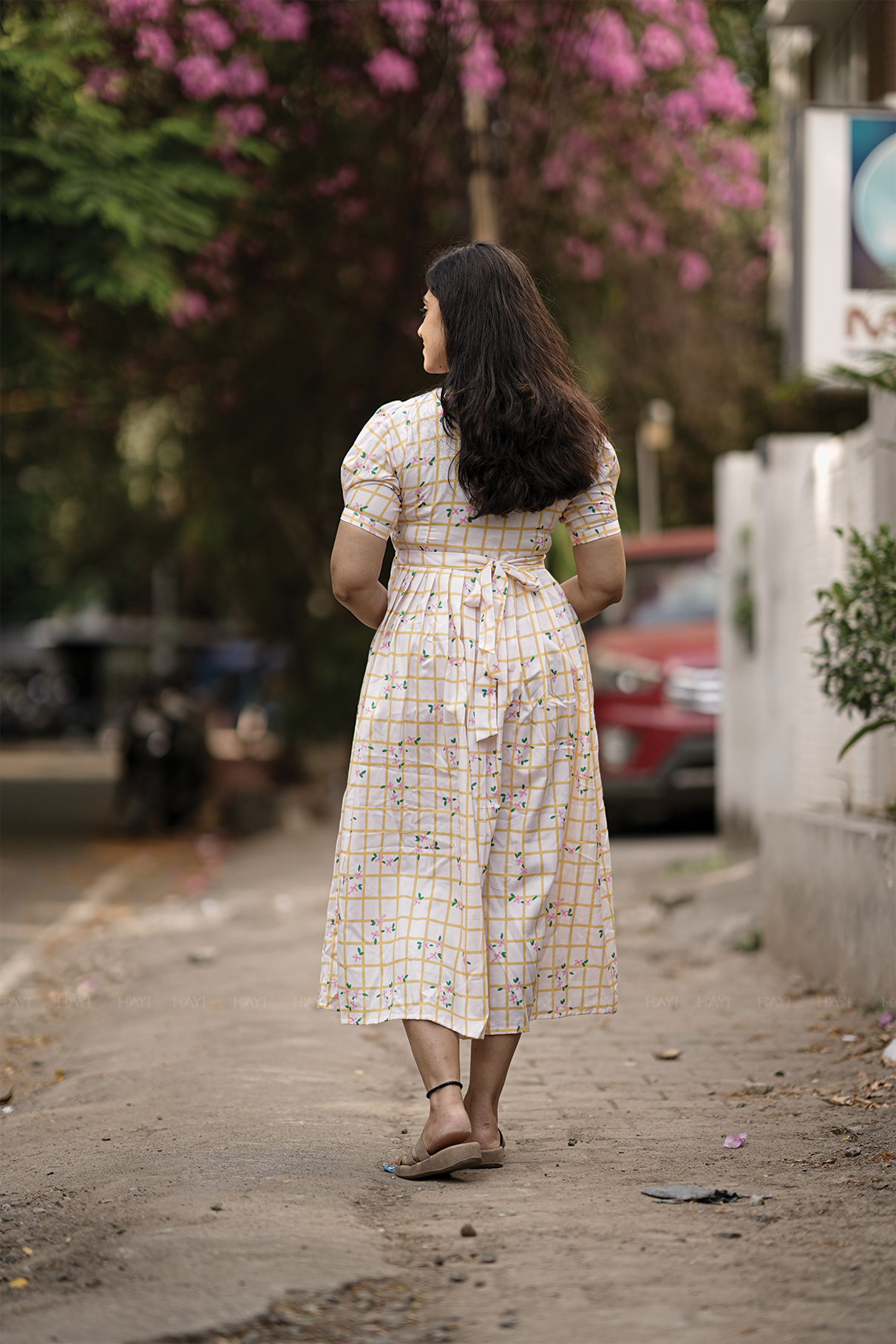 Florentia Grid Yellow Printed Maternity and Feeding maxi Dress