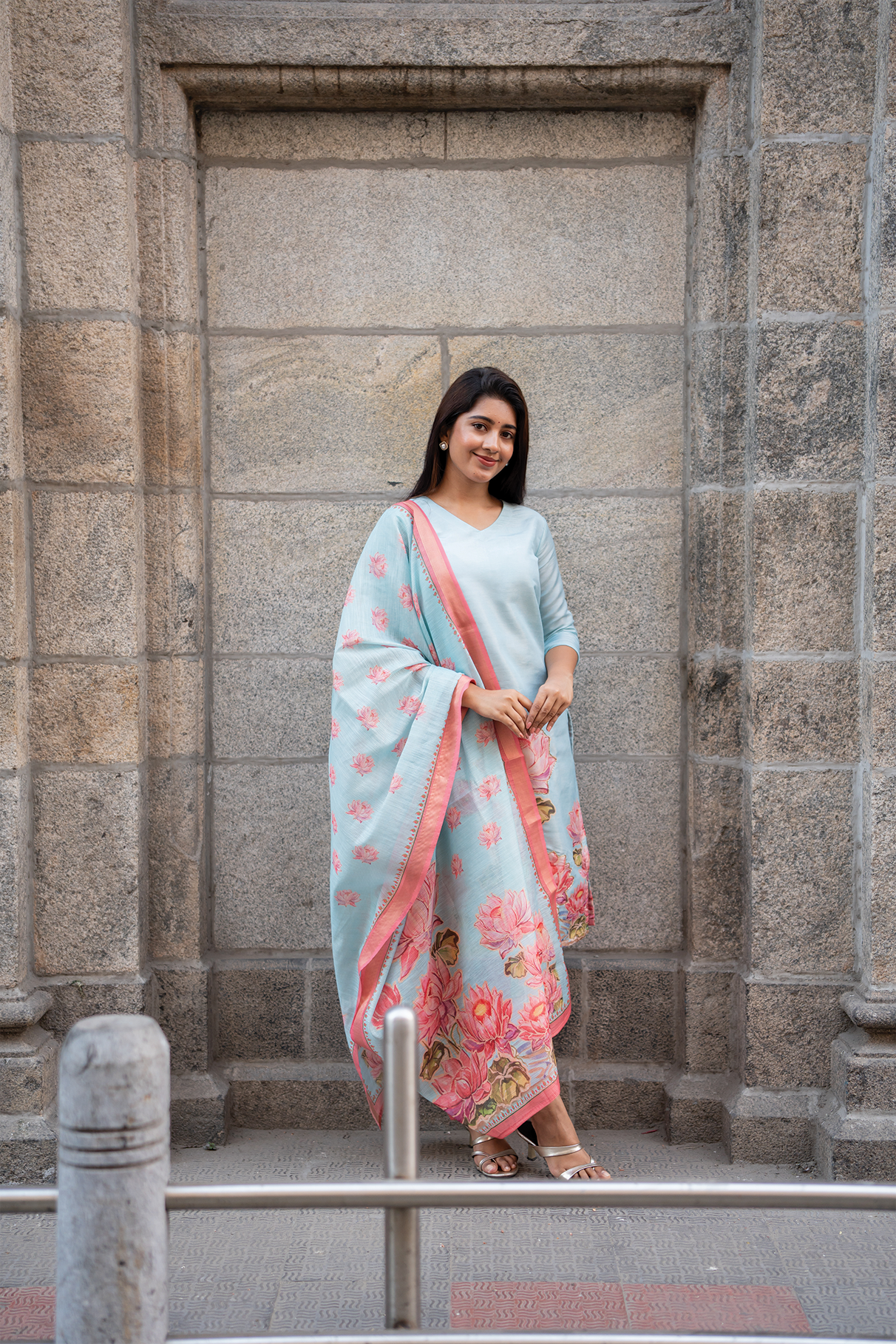 Lotus Mist Blue Printed 3 Piece Shimmer Tissue Kurti Set with Dupatta