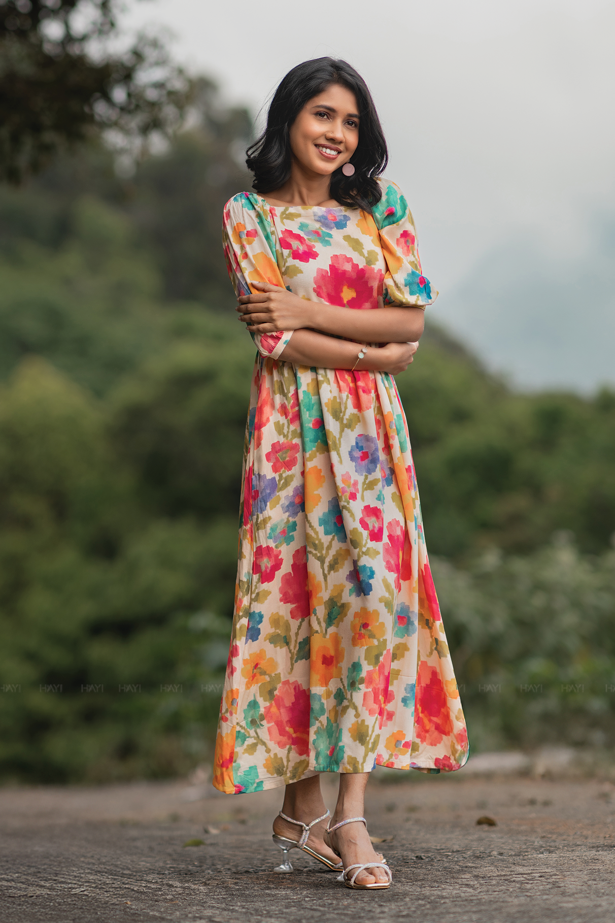 Sunblossom Breeze Beige Viscose Floral Dress with Square Neck & Puff Sleeves