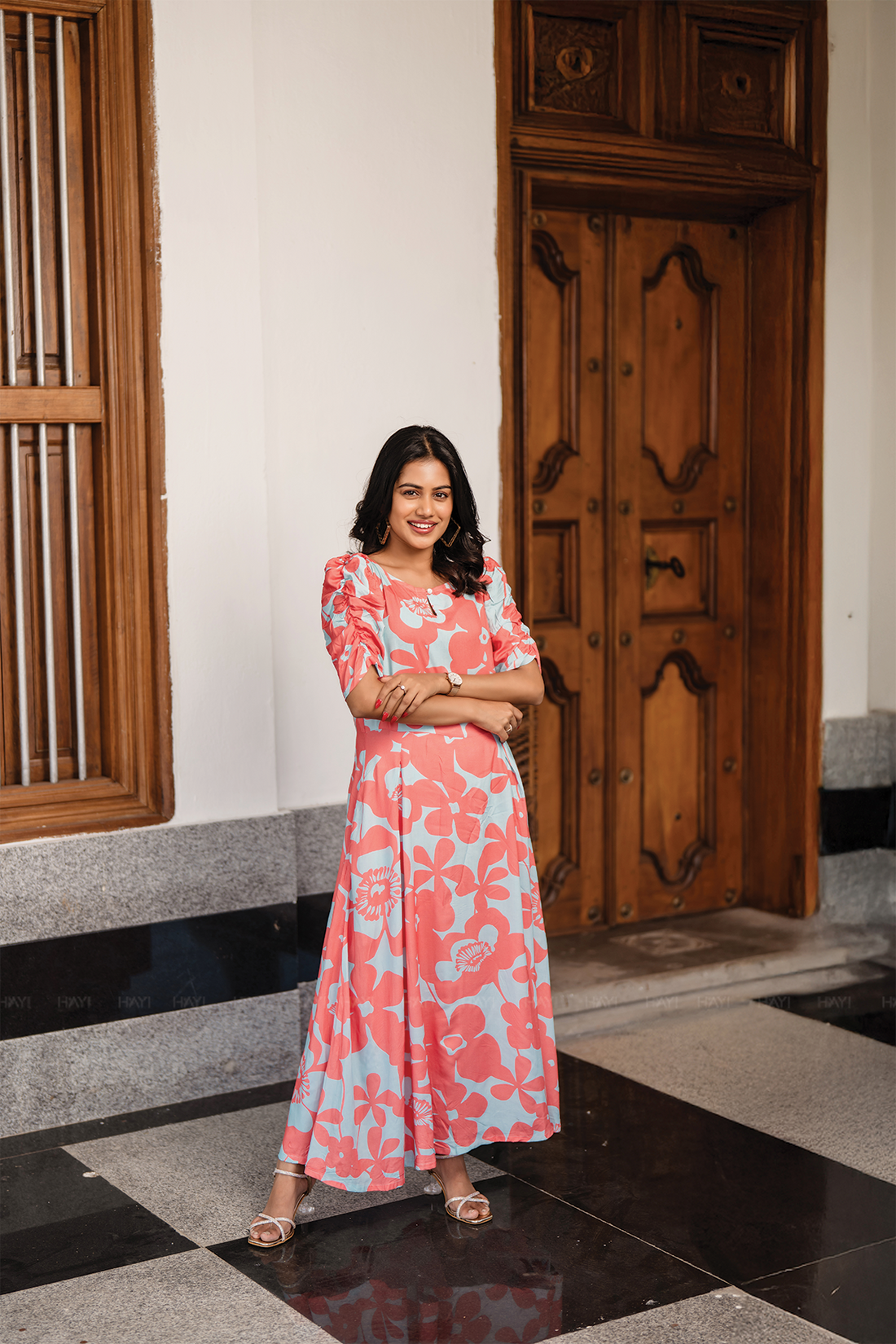 Coral Petal Blue Viscose Dress with Boat Neck & Ruched Sleeves