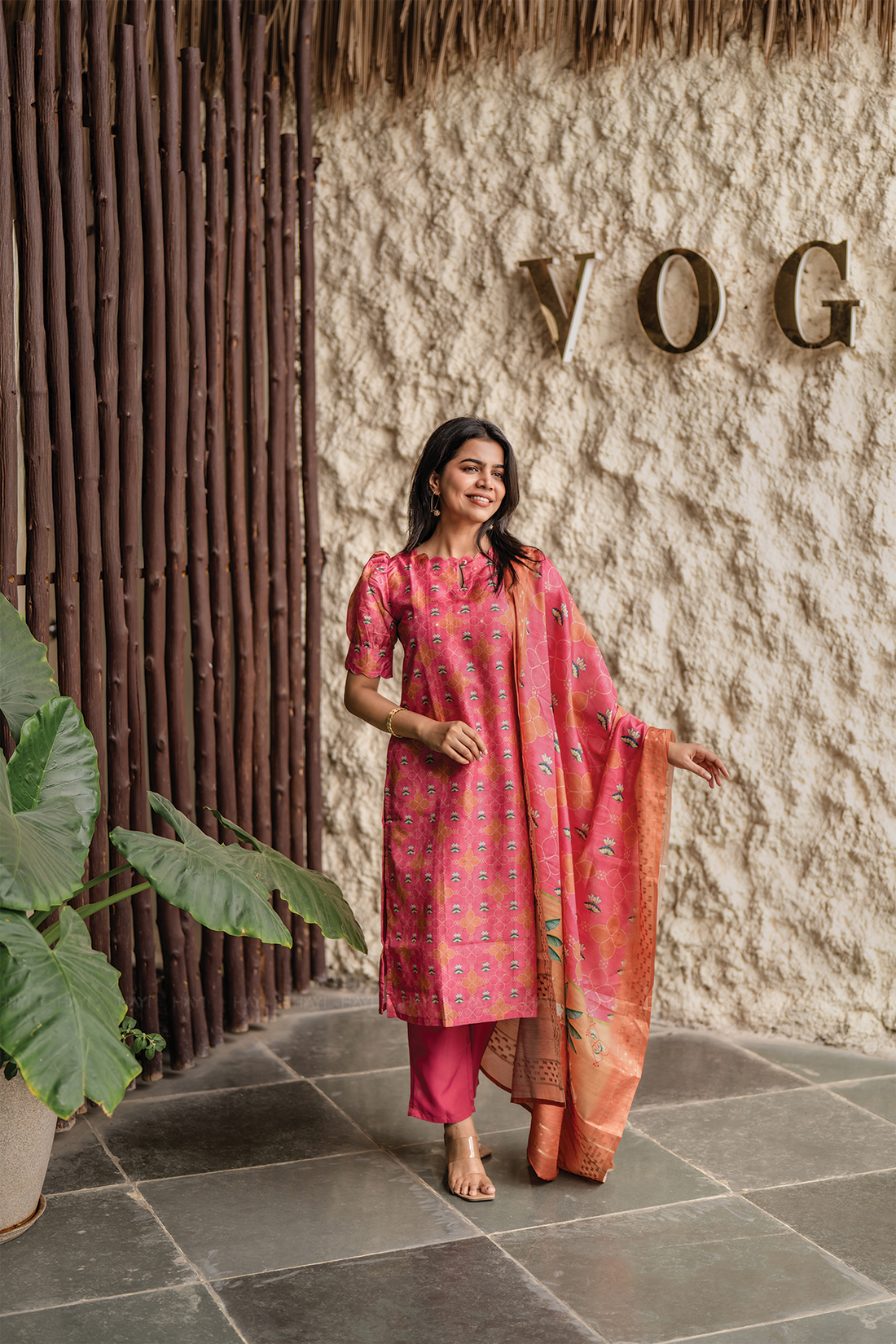 Pink Heritage 3 Piece Tissue silk blend printed Kurta with Pant & Dupatta