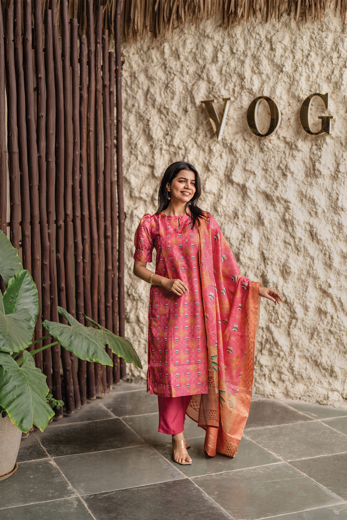 Pink Heritage 3 Piece Tissue silk blend printed Kurta with Pant & Dupatta