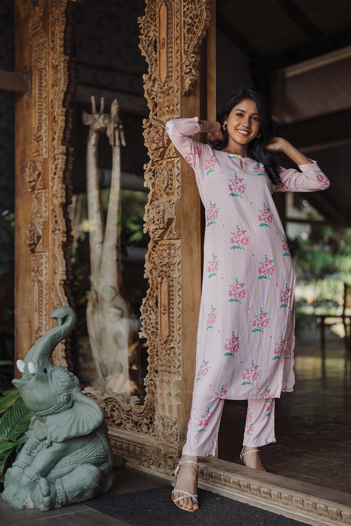 Petal Pixel Charm Pink Viscose Co-ord with Boat Neck & 3/4th Sleeves