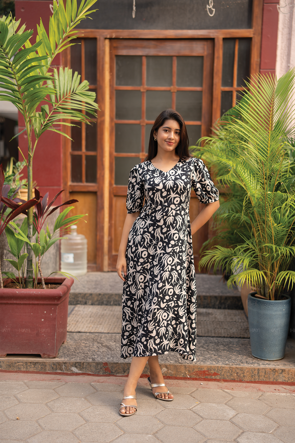 Luna Mist Dark Grey Printed Maternity and Feeding Viscose Dress