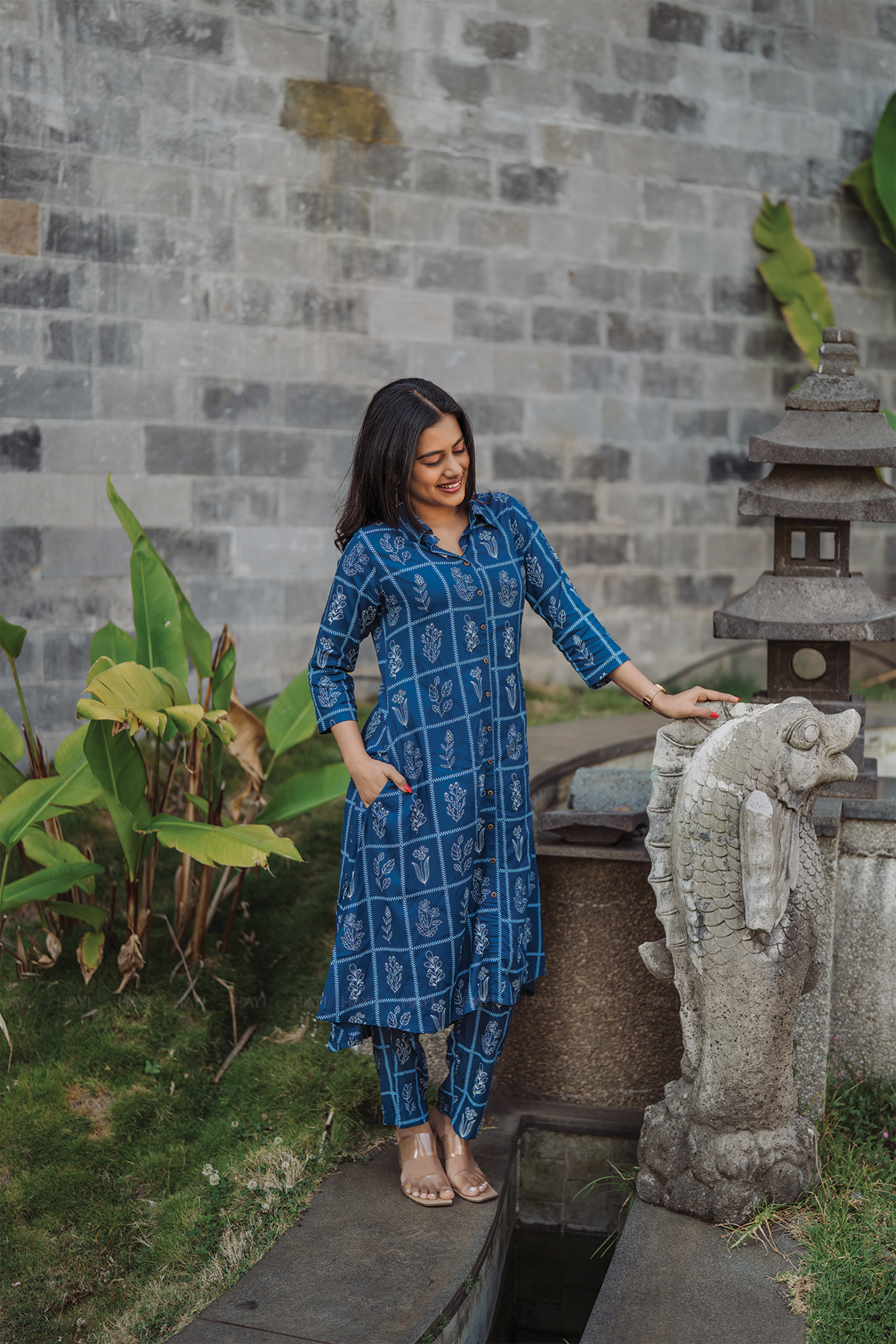 Monarch Shadow Blue Viscose Co-ord with Shirt Collar & 3/4th Sleeves