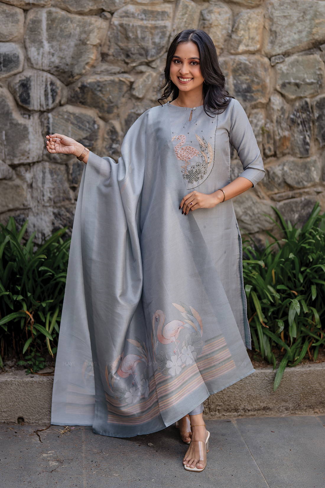 Swanstone Grey Embroidered Tussar Silk Kurta Set