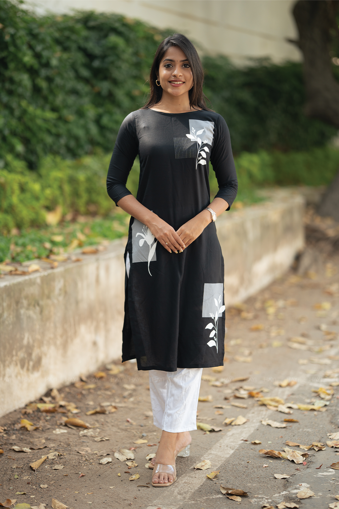 Obsidian Bloom Black Viscose Kurta with Boat Neck & 3/4 Sleeves