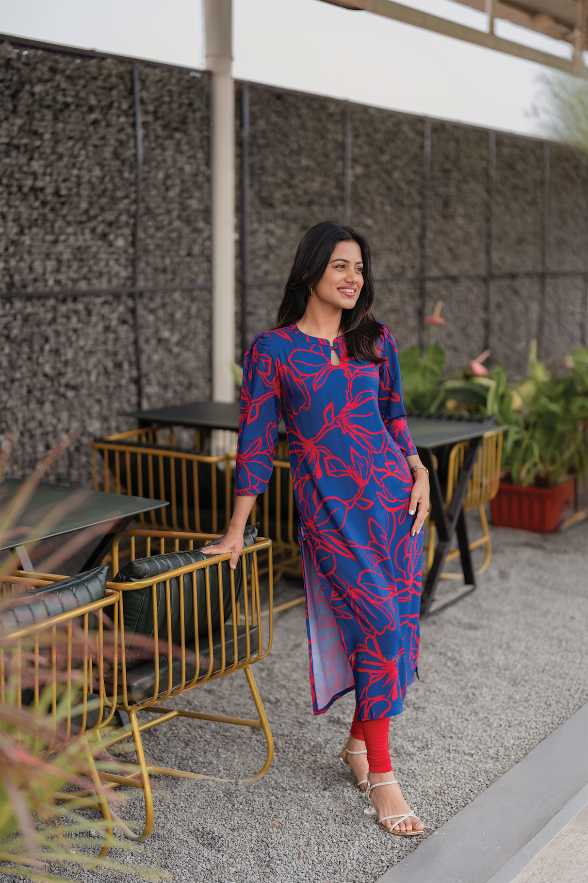 Bluetail Viscose Kurta with Chinese Collar & 3/4 Sleeves