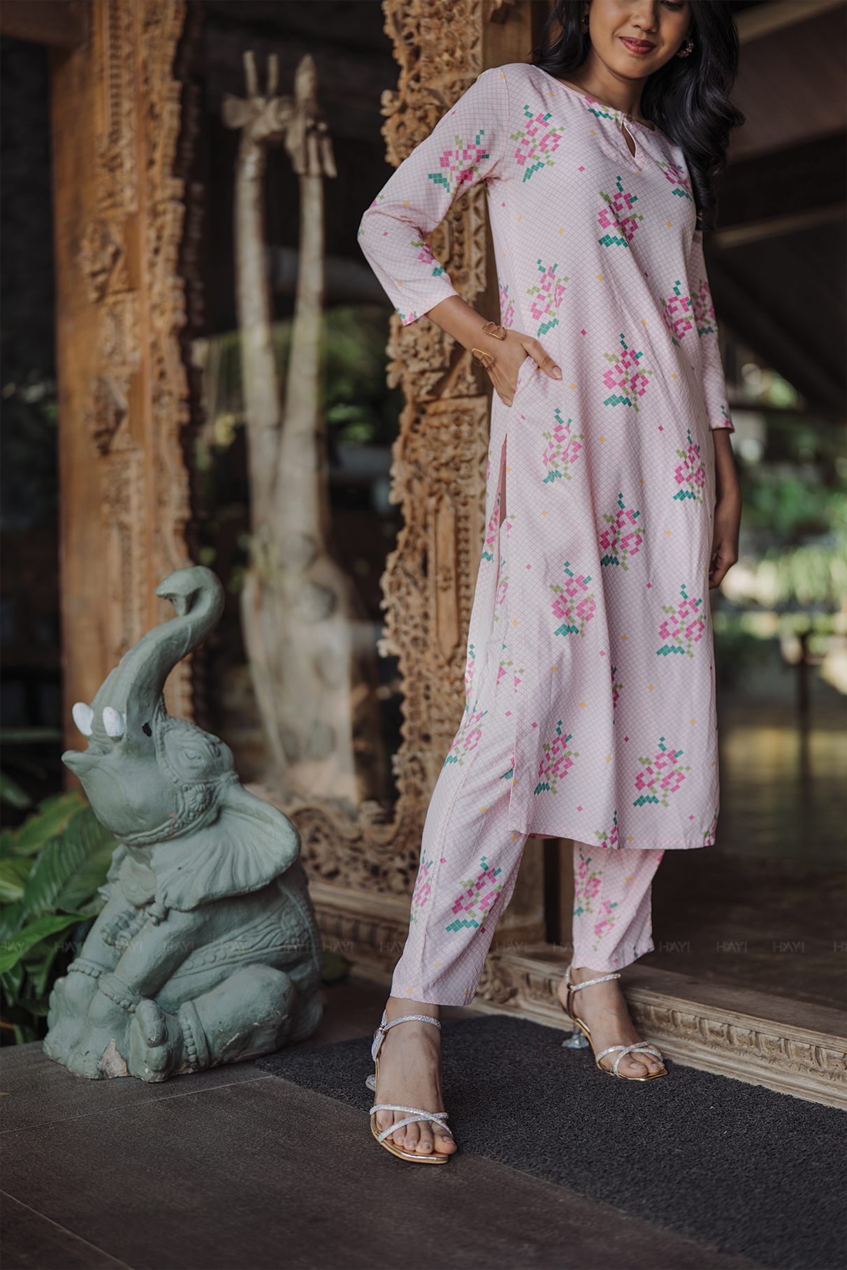 Petal Pixel Charm Pink Viscose Co-ord with Boat Neck & 3/4th Sleeves