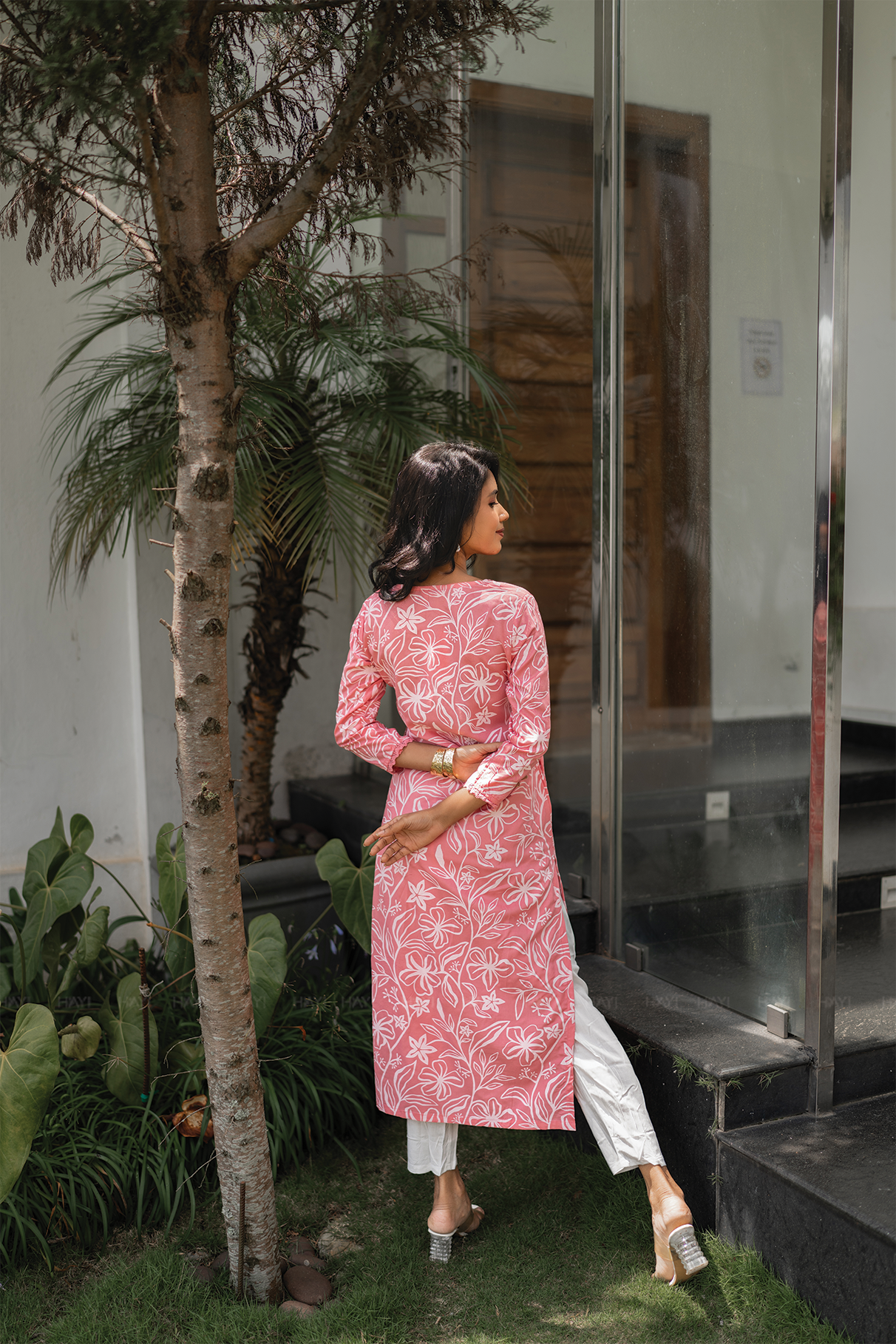 Mireya Roseline Pink Viscose Kurta with V-Neck & 3/4 Sleeves