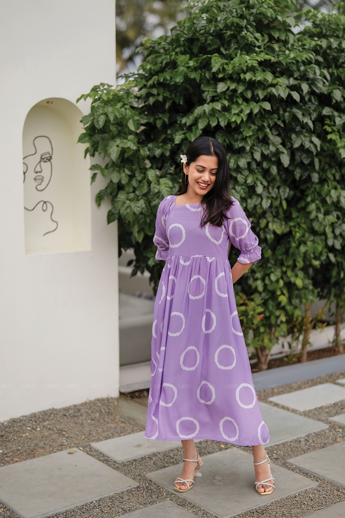 Lavender Ring Viscose Dress with Square Neckline & Puff Sleeve