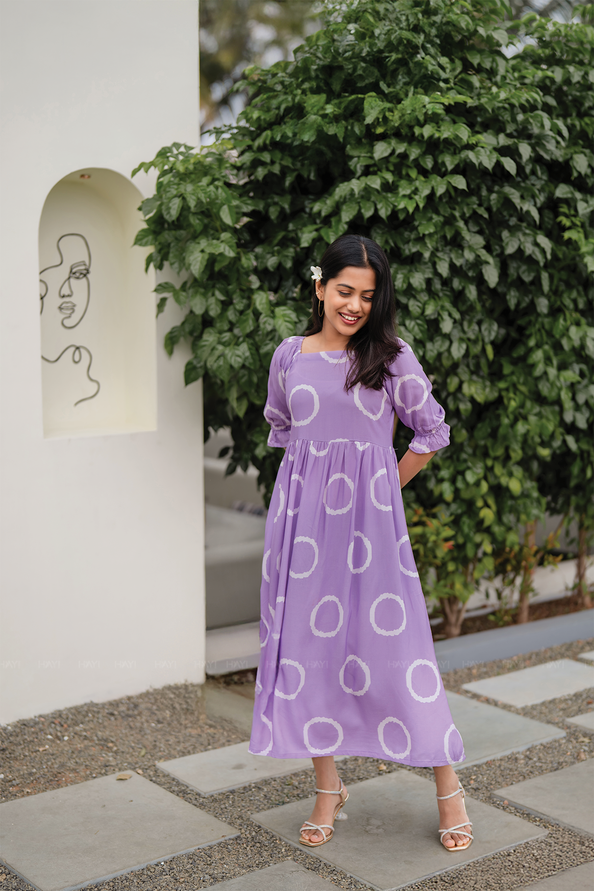 Lavender Ring Viscose Dress with Square Neckline & Puff Sleeve