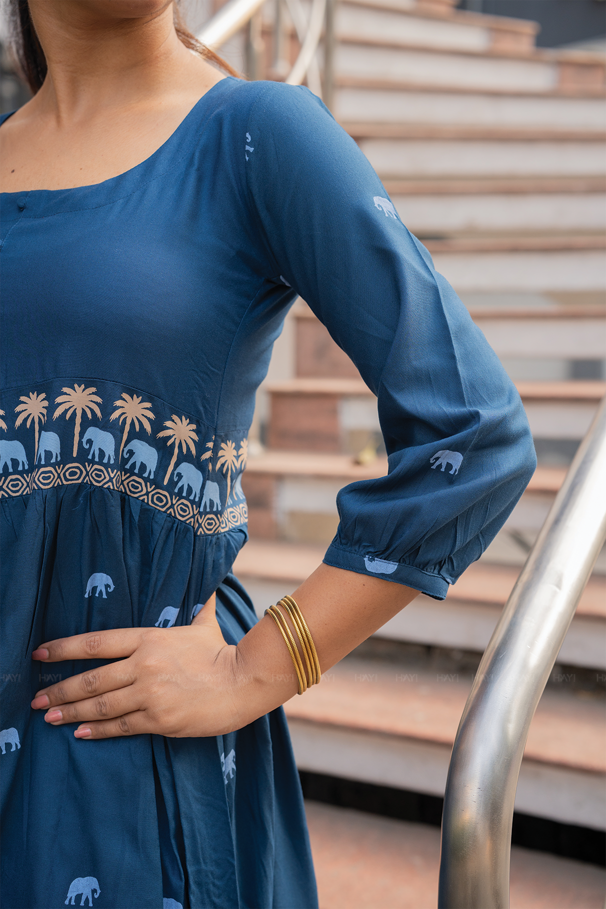 Tusker Tale Greyish Blue Viscose Dress with Round Square Neckline & 3/4th Sleeves