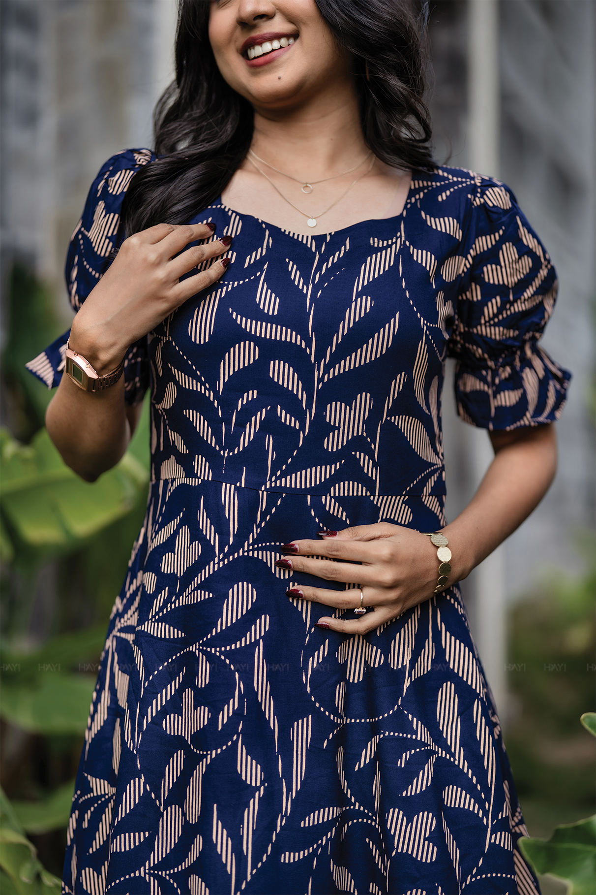 Navy Flowstroke Viscose Printed Aura dress