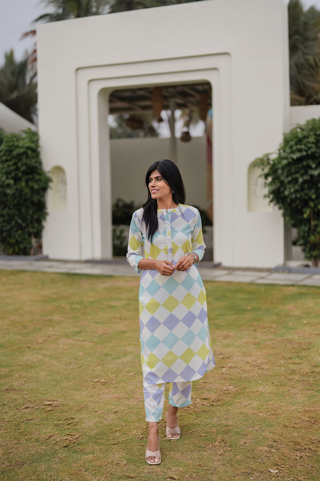Pastel Patch Off-White Viscose Co-ord with Chinese Collar & 3/4th Sleeves