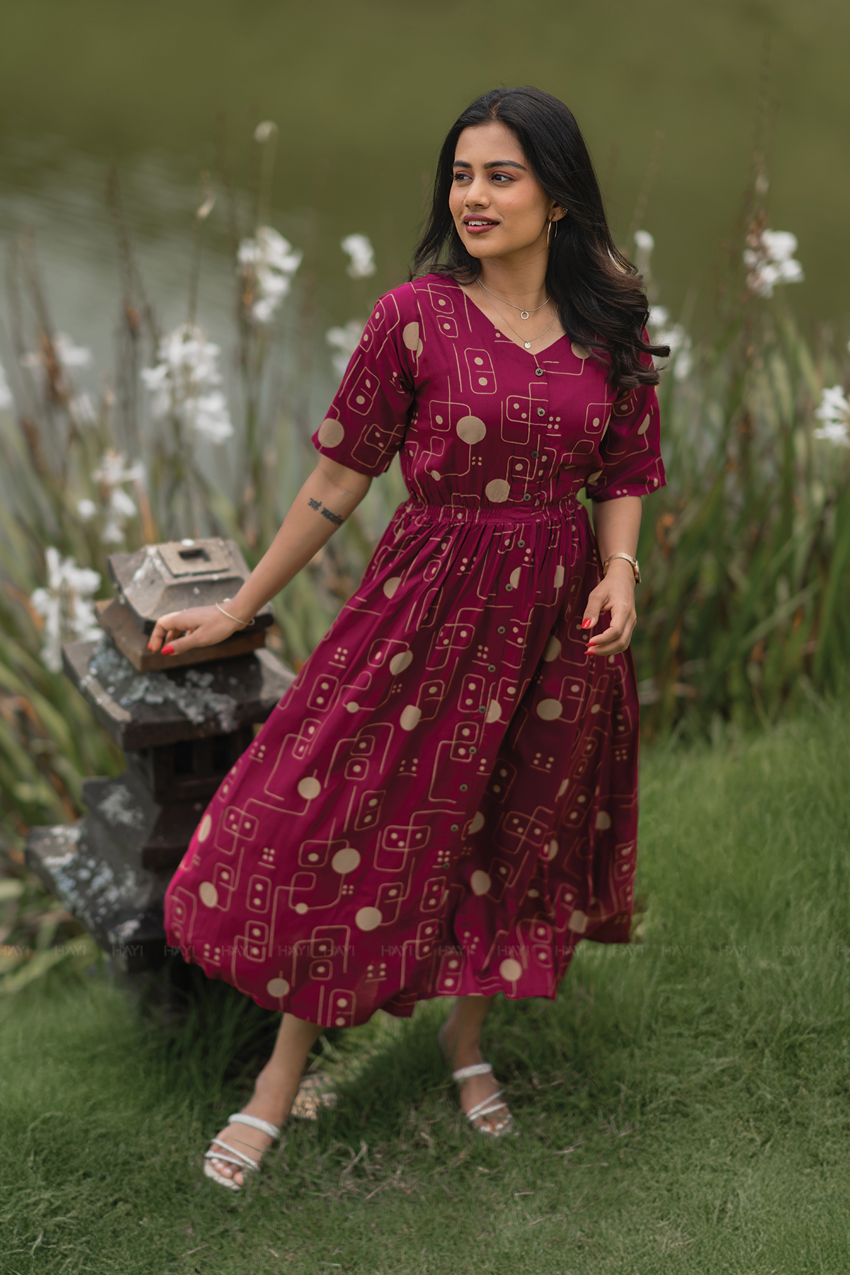 MatrixElegance Maroon Viscose with V-Neck & Flared Elbow Sleeves