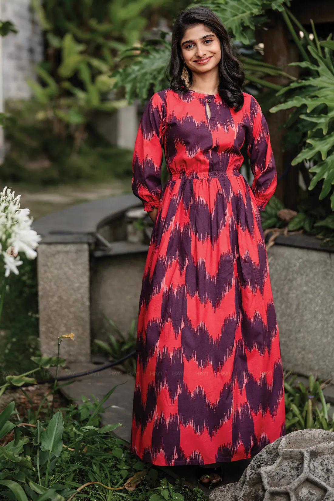 Ikat Lucent Red Viscose Umbrella Outfit with Frills Neck